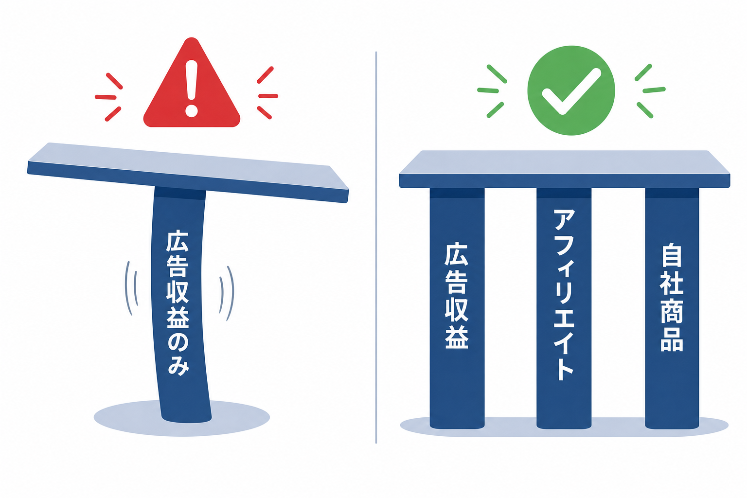 収益源が一本柱だけで成り立っている不安定な構造を示した図