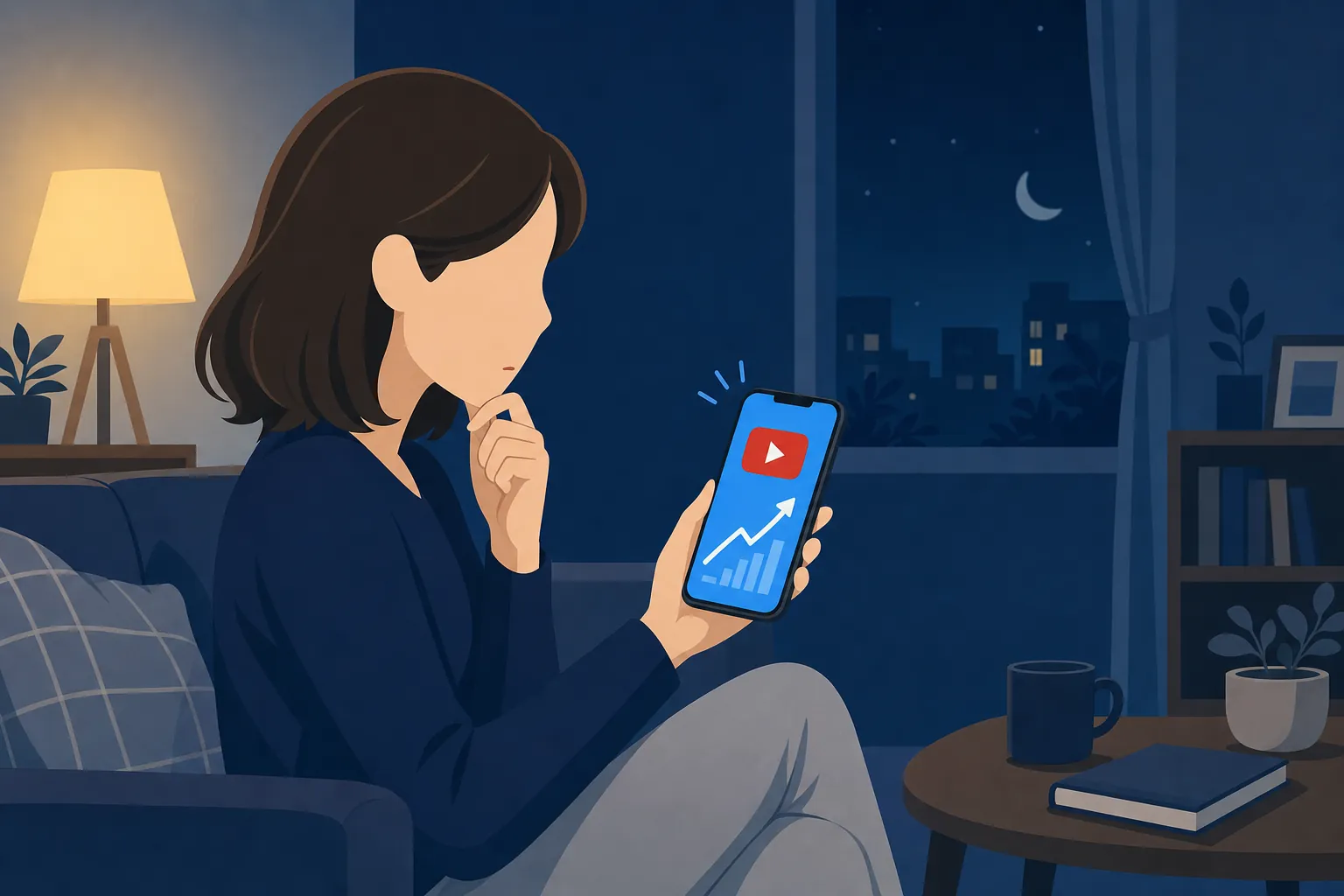 夜のリビングでスマホのYouTube収益化ニュースを見て考え込む30代女性の横顔