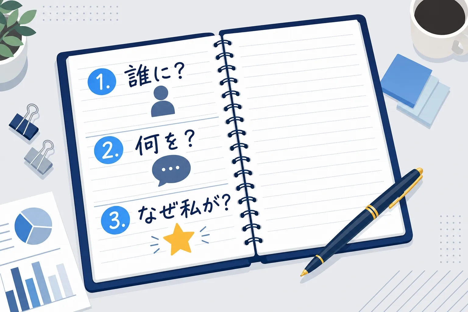 「誰に」「何を」「なぜ私が」の3つを書き出したノートのイラスト