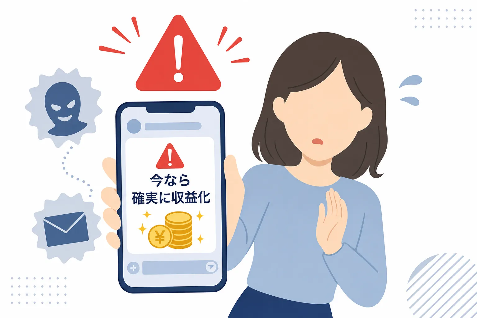 スマホに届いた「今なら確実に収益化」という怪しいメッセージに戸惑う女性