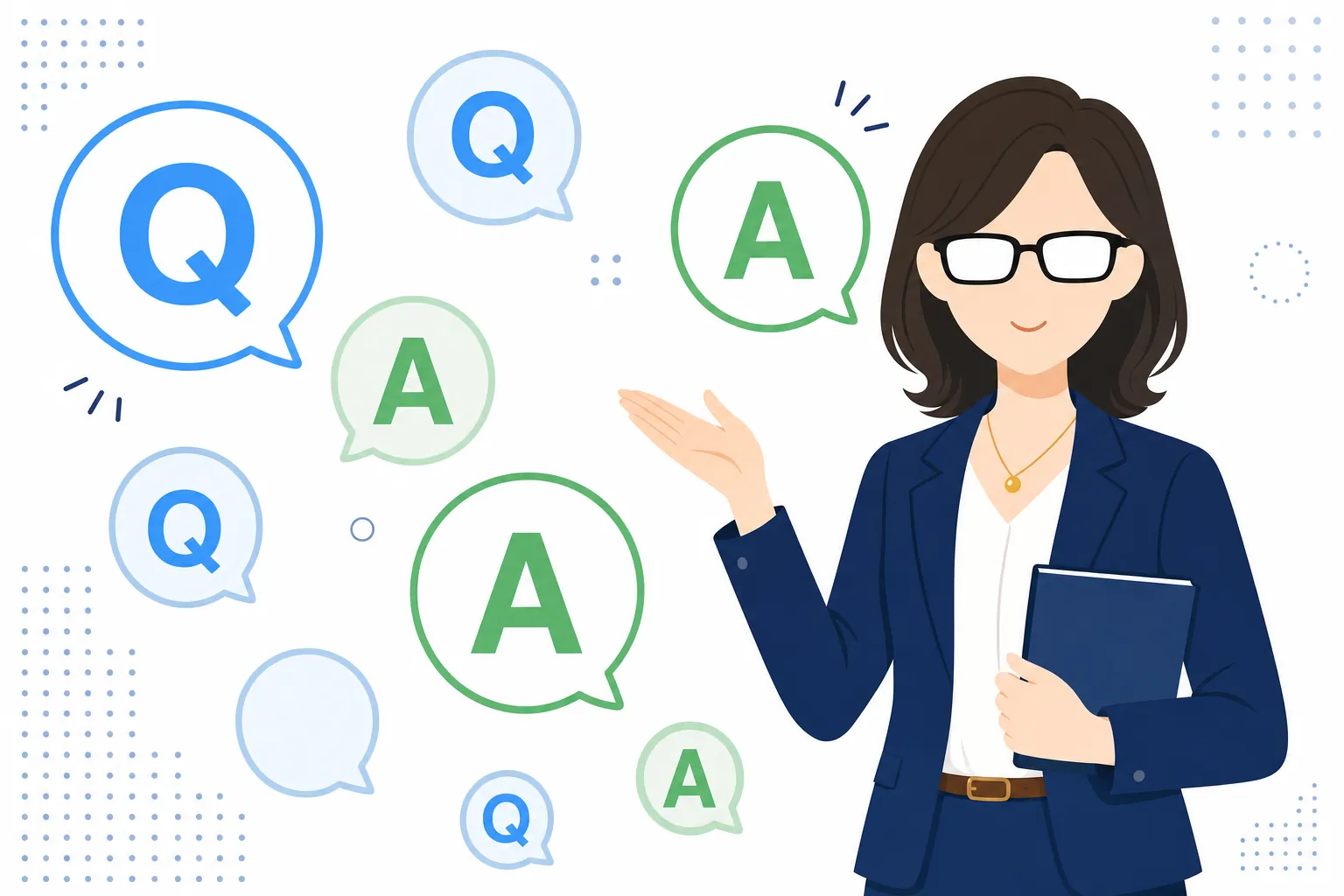 「Q&A」の吹き出しがいくつも浮かぶ、やわらかい色合いのイラスト