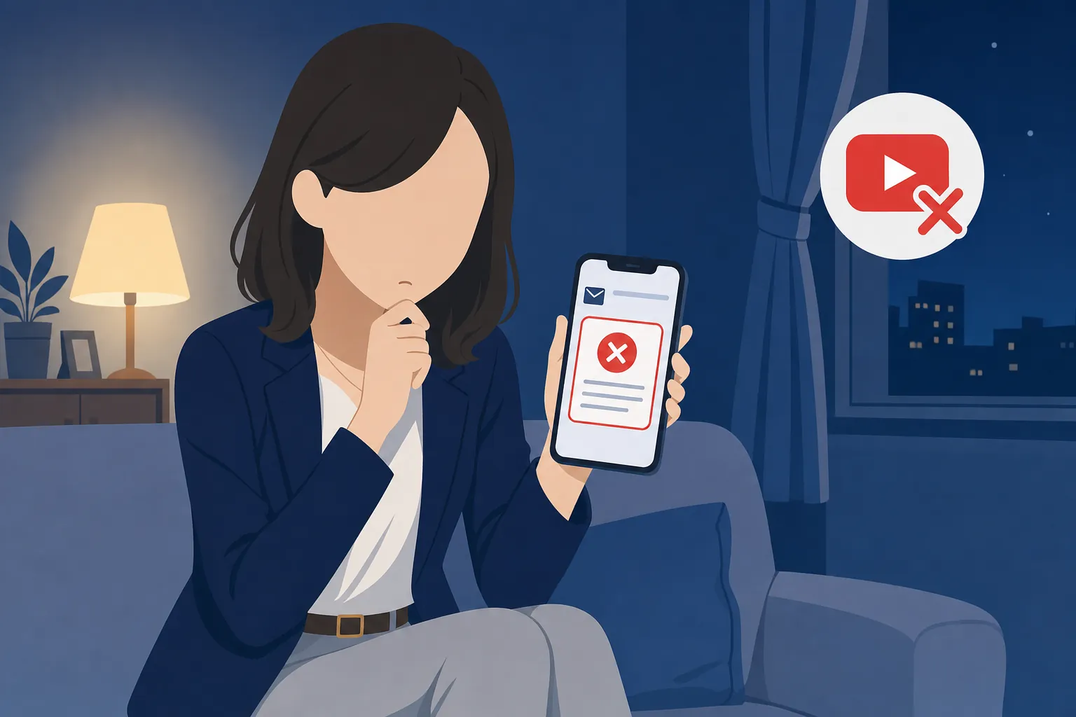 夜のリビングでスマホに届いた収益化審査の結果メールを見つめて考え込む女性の横顔