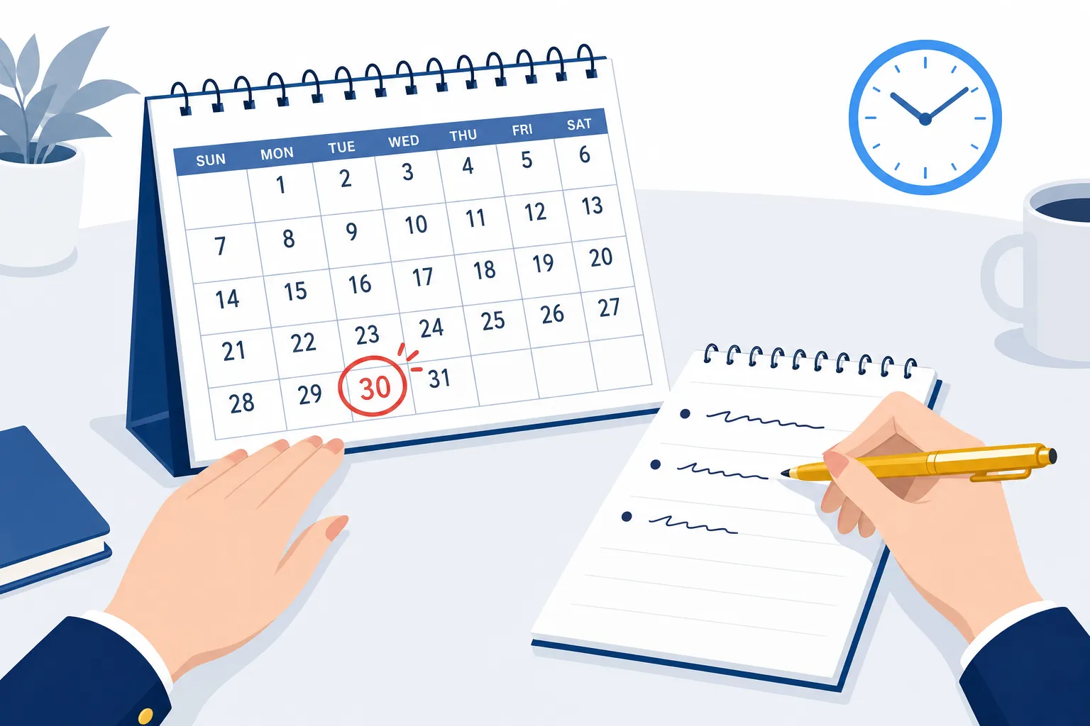 カレンダーに再申請できる日を書き込み、それまでの見直し予定をメモする様子