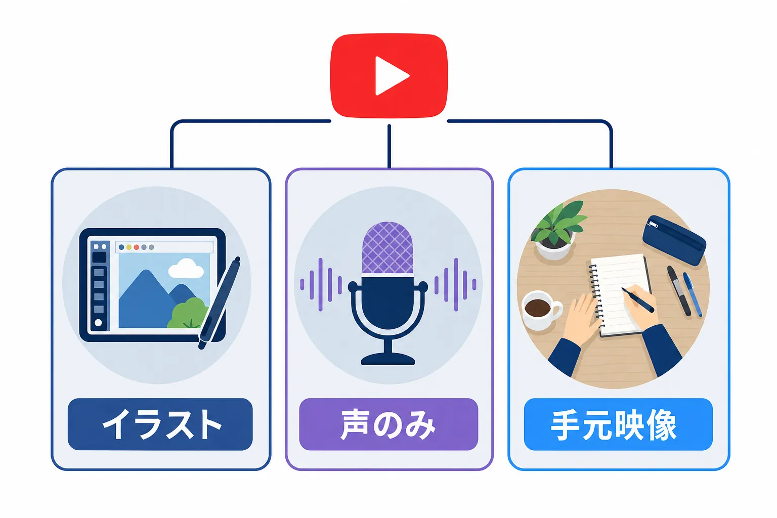 顔出しなしのチャンネル（イラスト・声・手元映像）の種類を並べたイメージ
