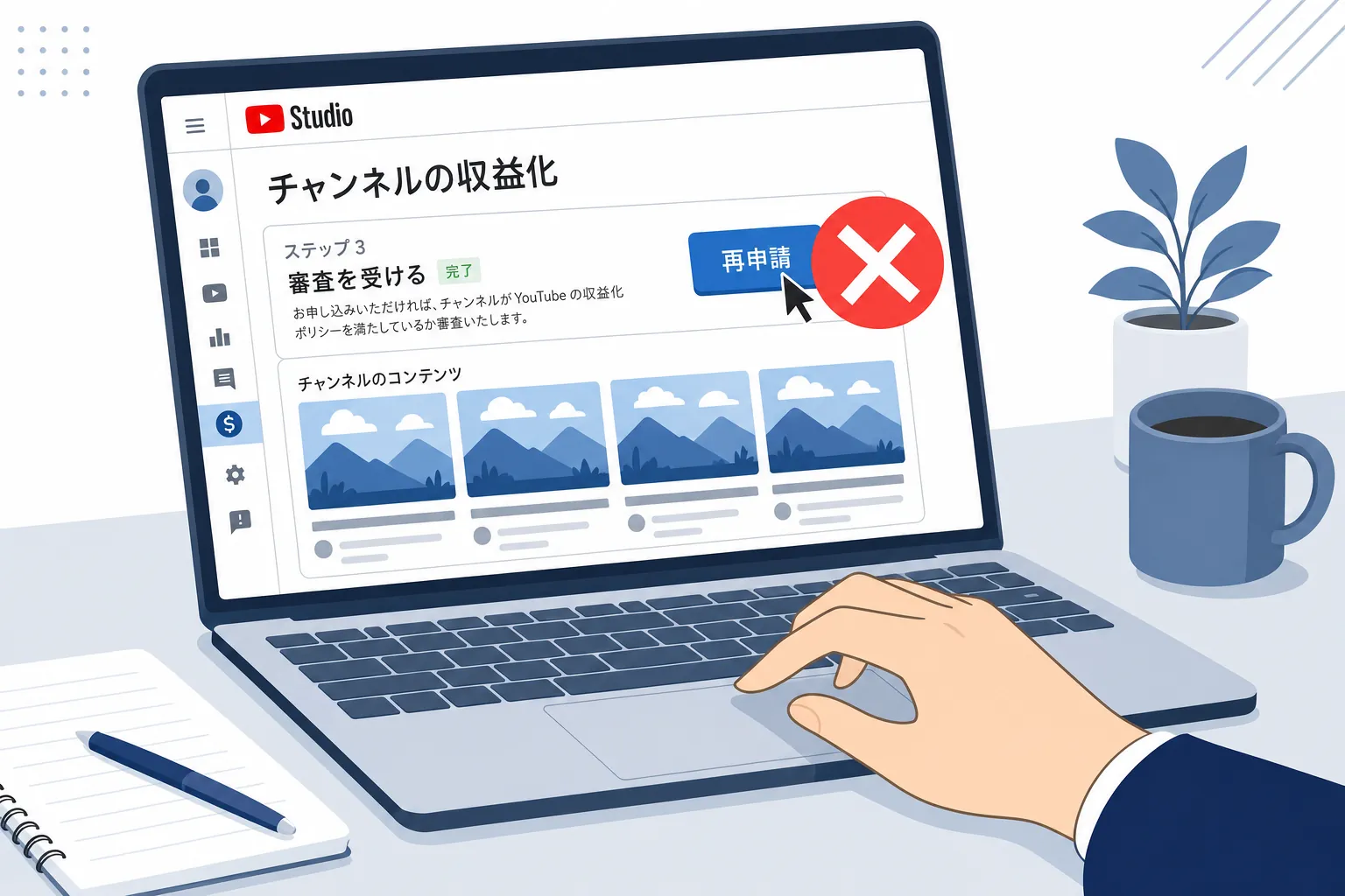 何も変えていないチャンネル画面のまま再申請ボタンを押そうとしている手
