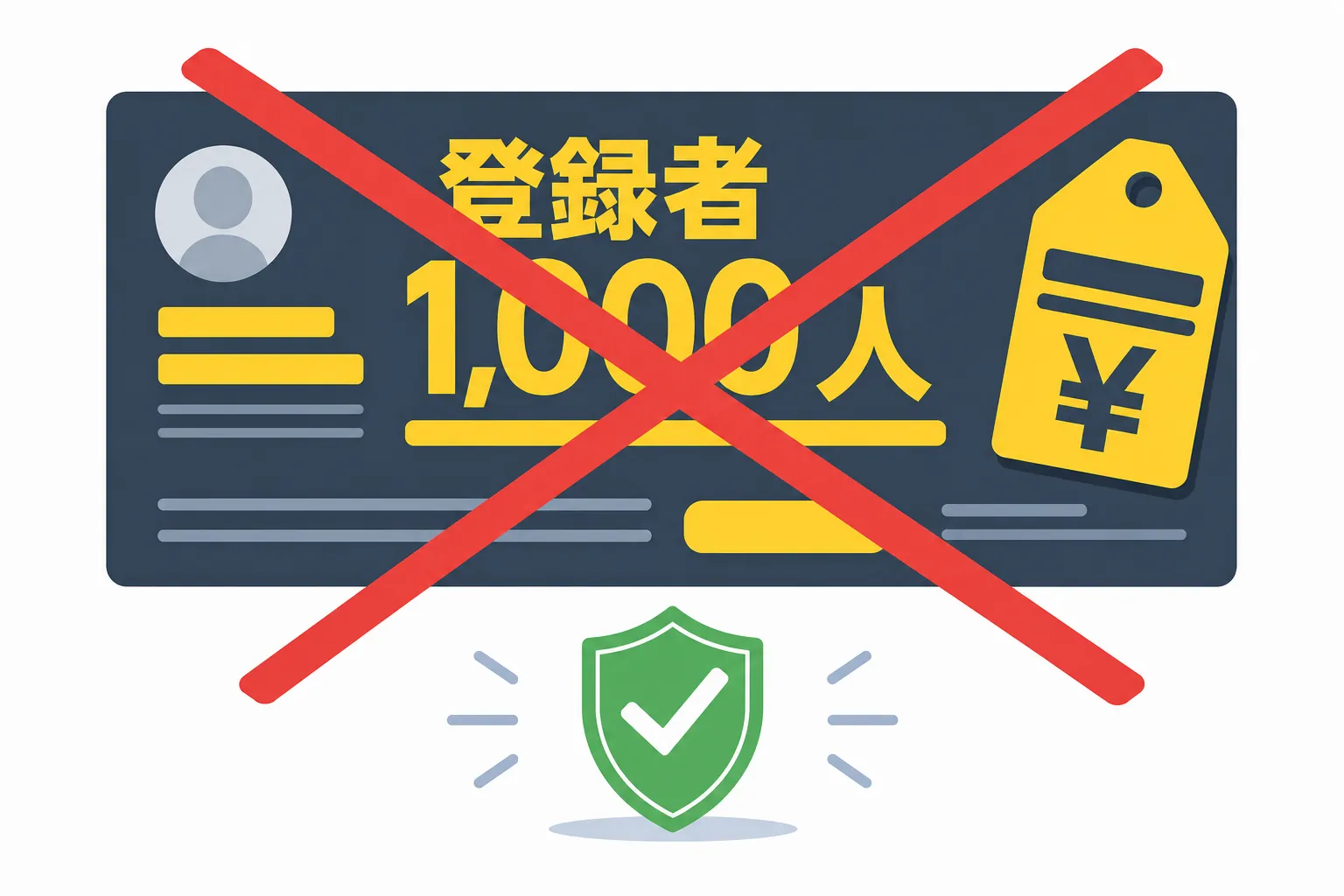 「登録者1,000人販売」と書かれた怪しい広告にバツ印がついたイラスト