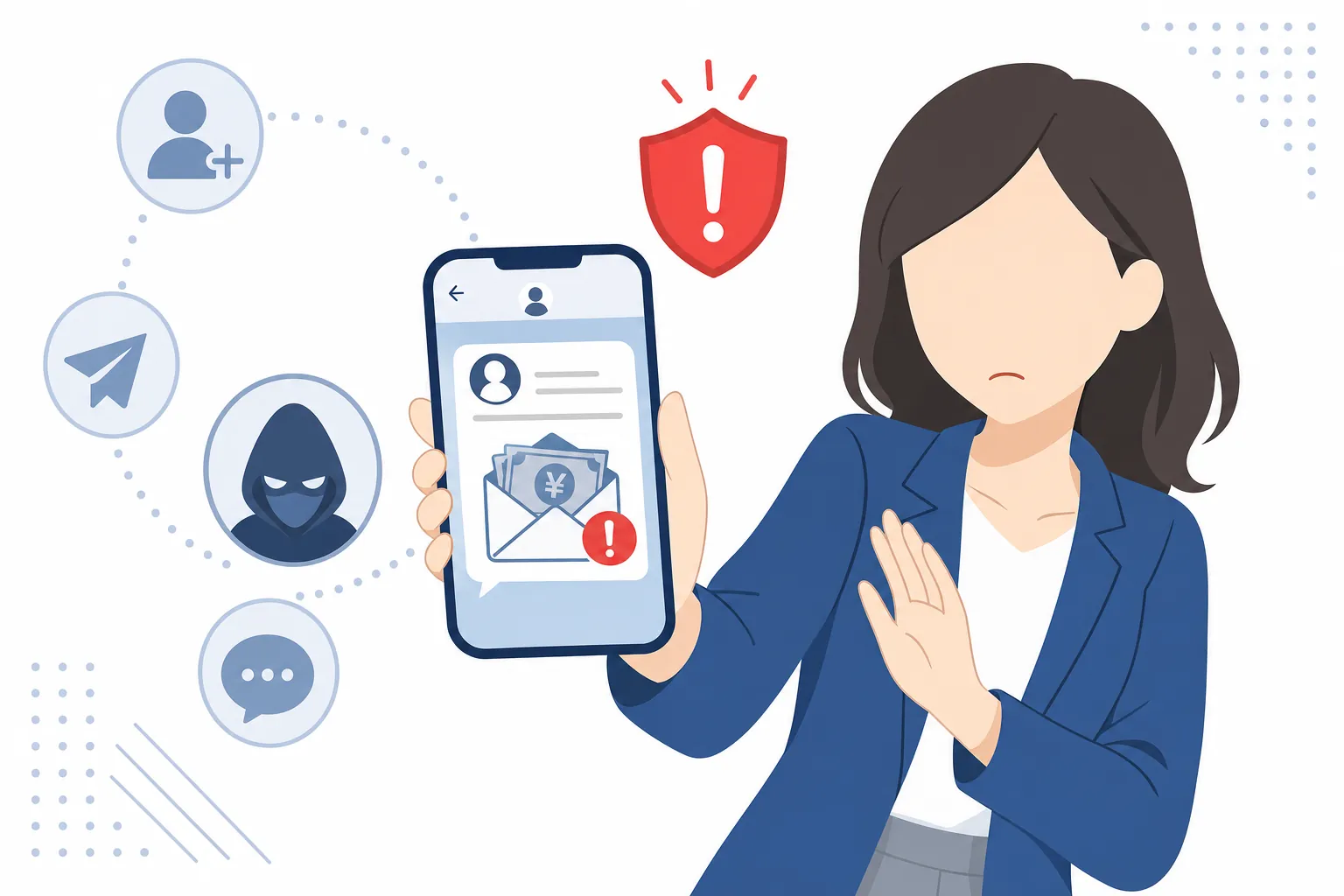 SNSのダイレクトメッセージに届いた「審査を通します」という勧誘文を見て警戒する女性