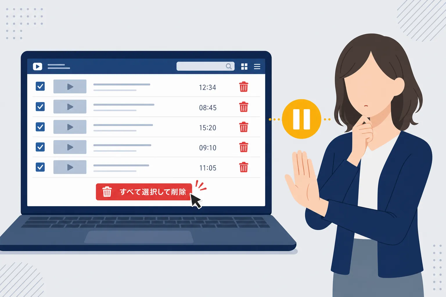 動画を一括で削除しようとする画面と、立ち止まって考える女性