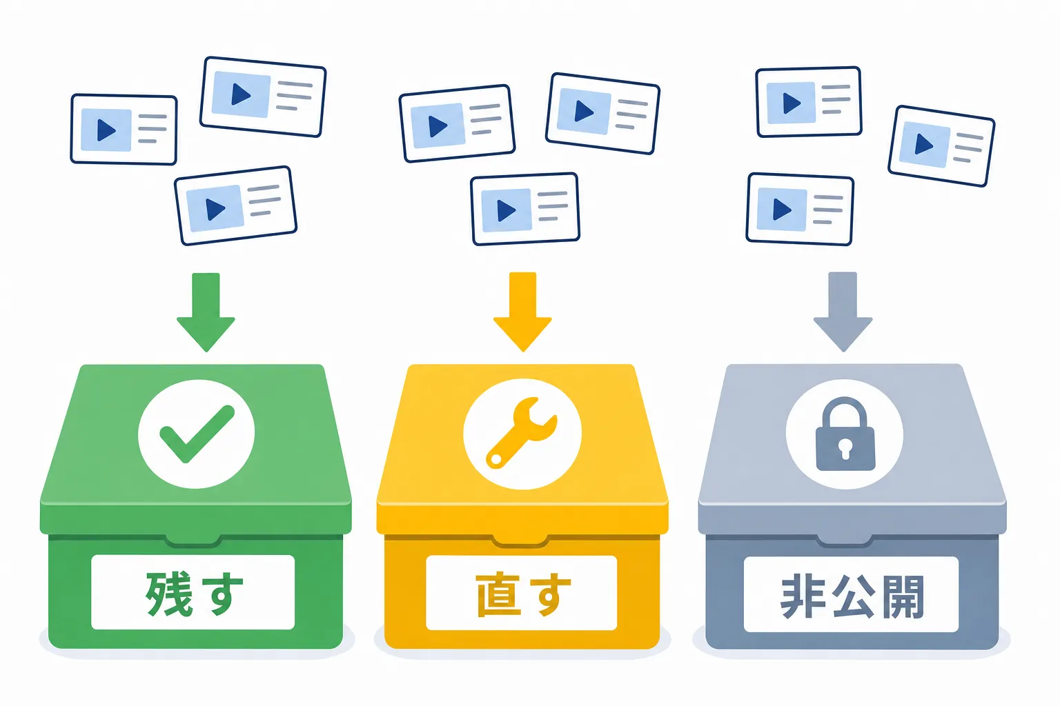 動画を「残す」「直す」「非公開」の3つの箱に仕分けるイラスト