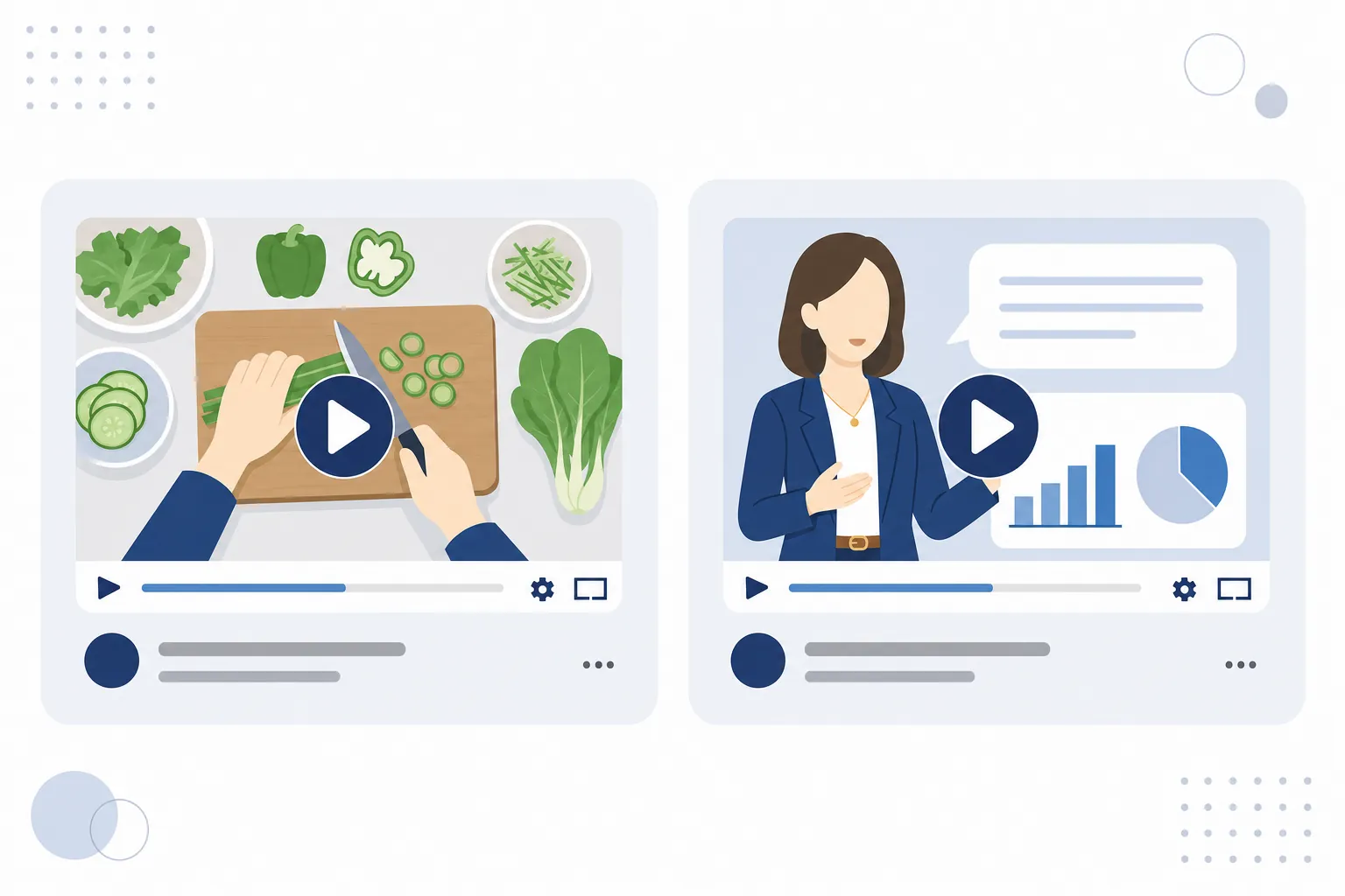 手元だけを映した料理動画や、イラストと声で解説する動画のサムネイル例