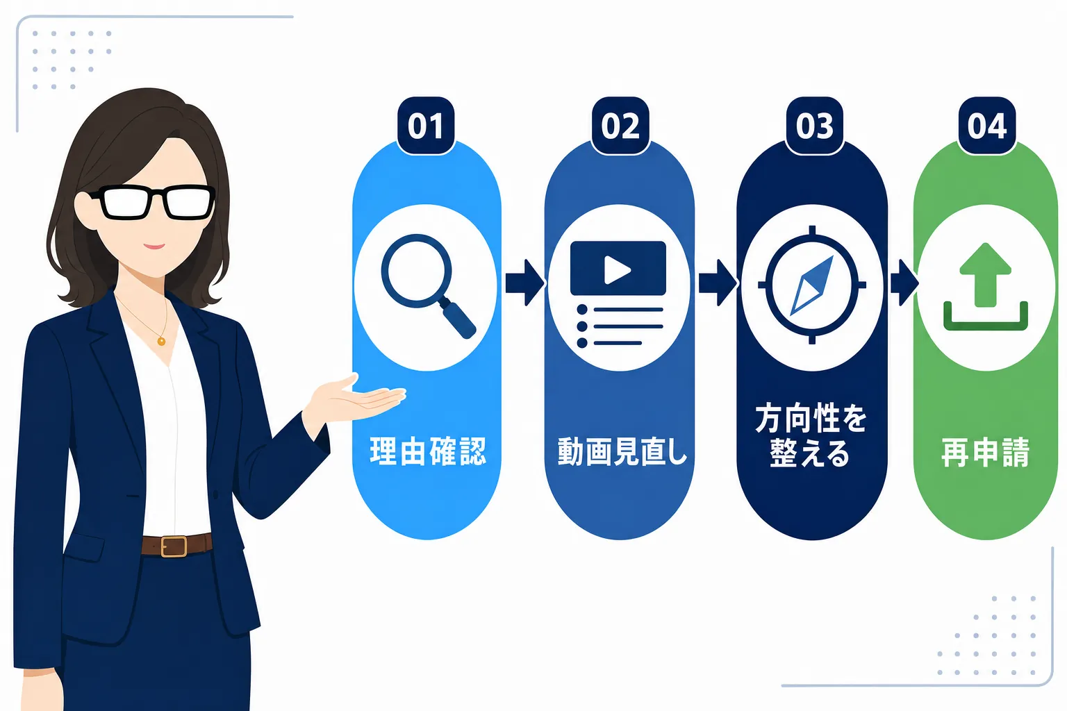 「理由を確認→動画を見直す→方向性を整える→再申請」の4ステップを並べたまとめ図