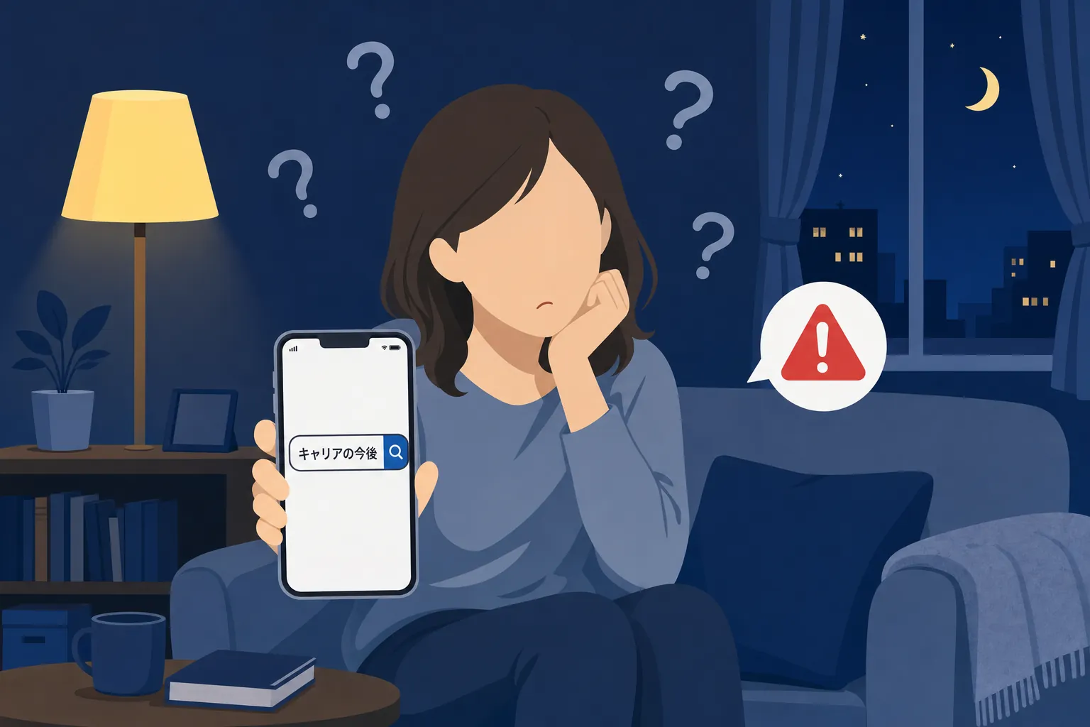 夜のリビングでスマホに「AI副業 怪しい」と打ち込み、少し不安そうな表情の30〜40代女性