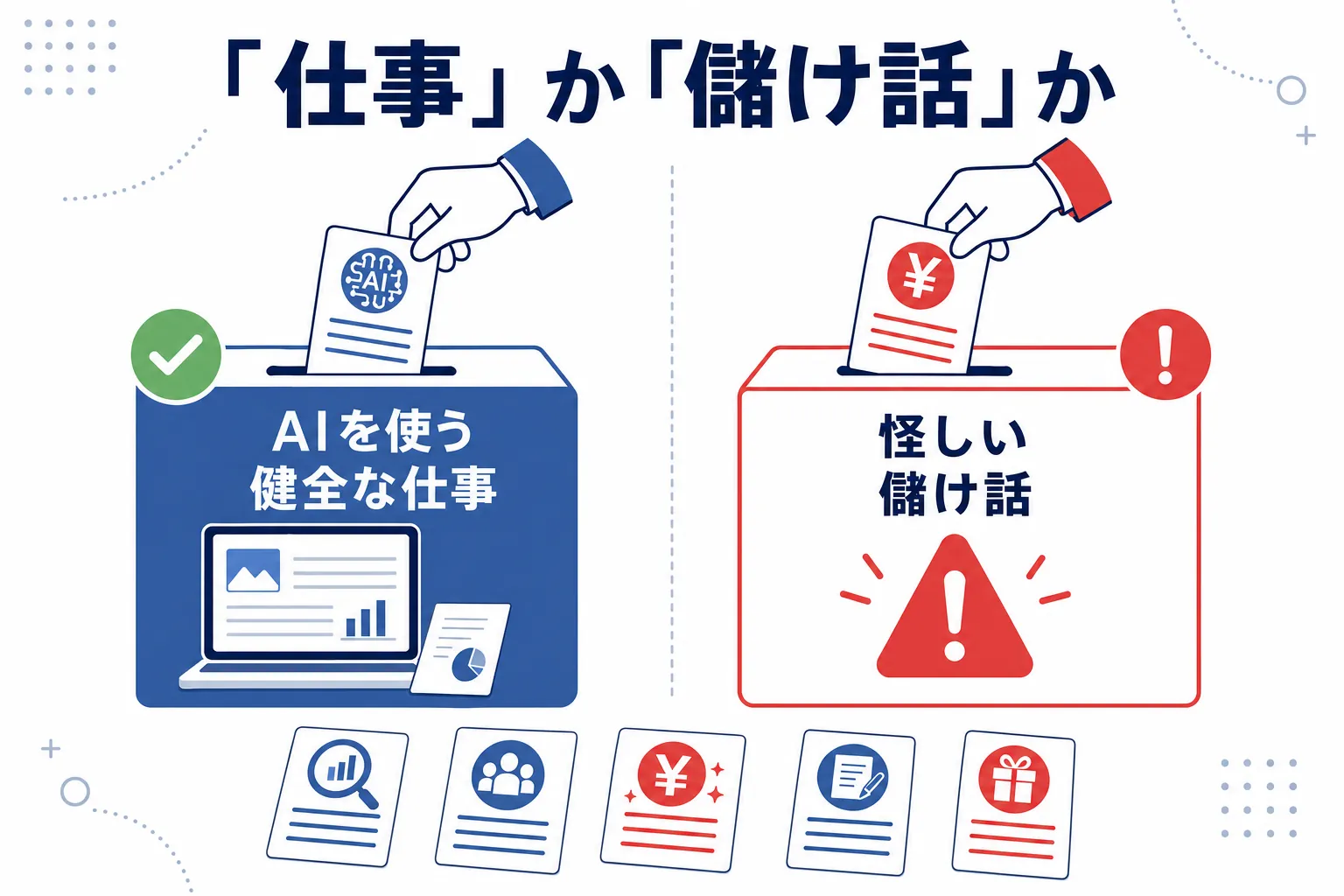 「AIを使う仕事」と「怪しい儲け話」の2つの箱に情報を仕分けているイラスト