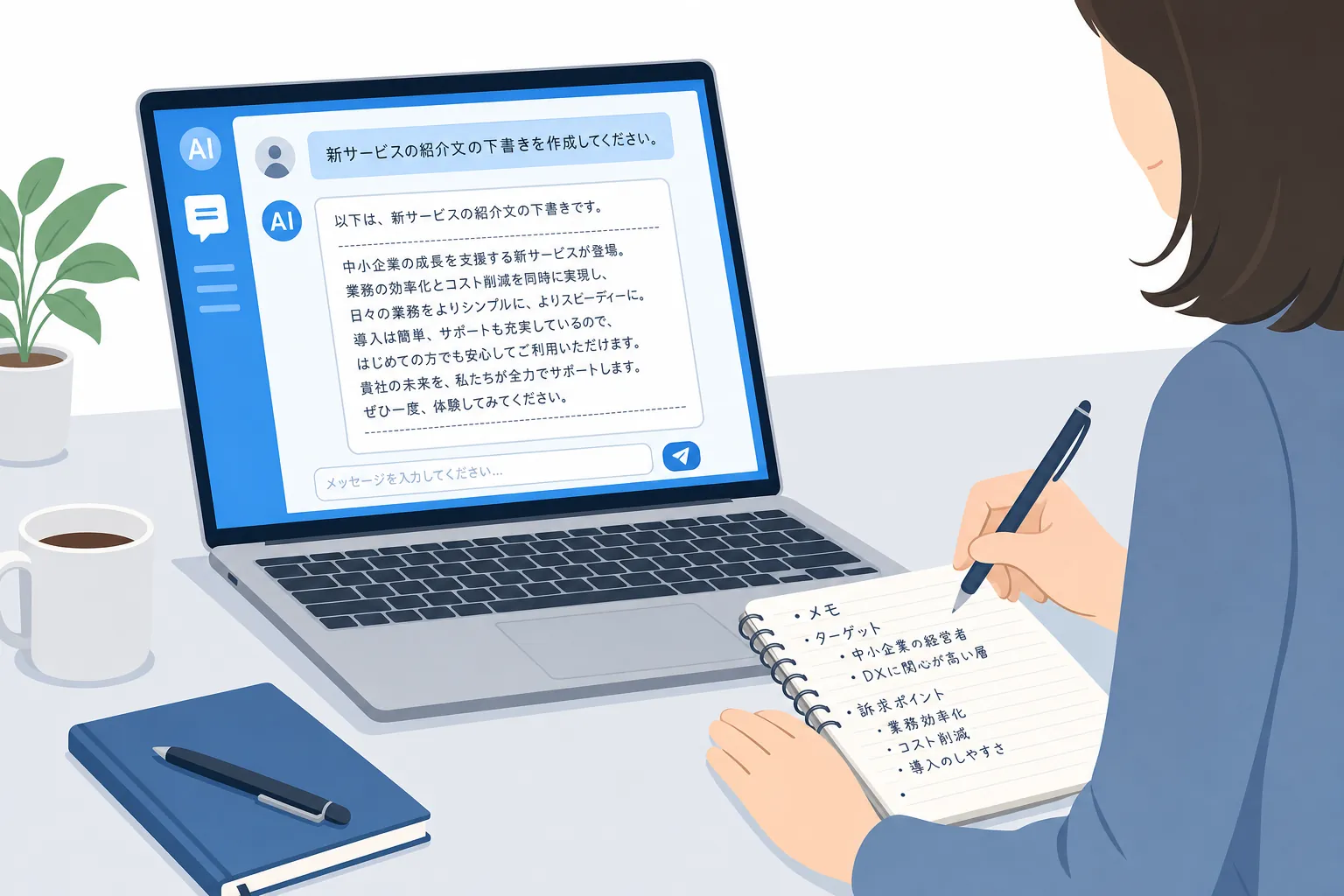 パソコンでAIに文章の下書きを手伝ってもらい、自分でメモを書き足している女性の手元