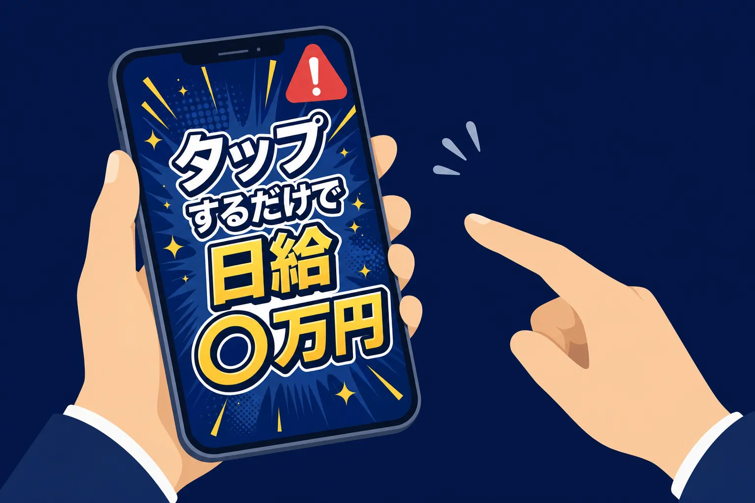 スマホ画面に「タップするだけで日給◯万円」と表示され、指が止まっている様子