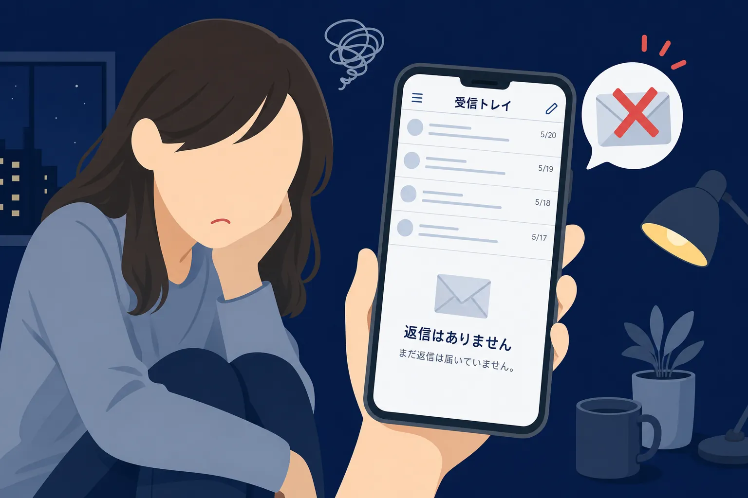 振込を終えたあと、返信が来ないメール画面を見つめて落ち込む女性