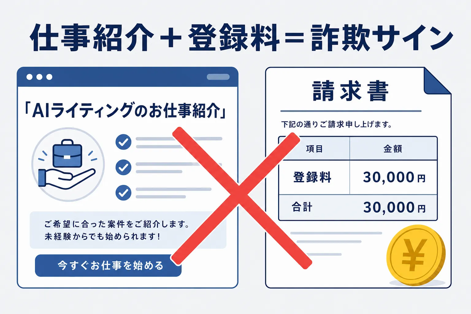 「AIライティングのお仕事紹介」と書かれた案内と、登録料の請求書が並ぶ画面