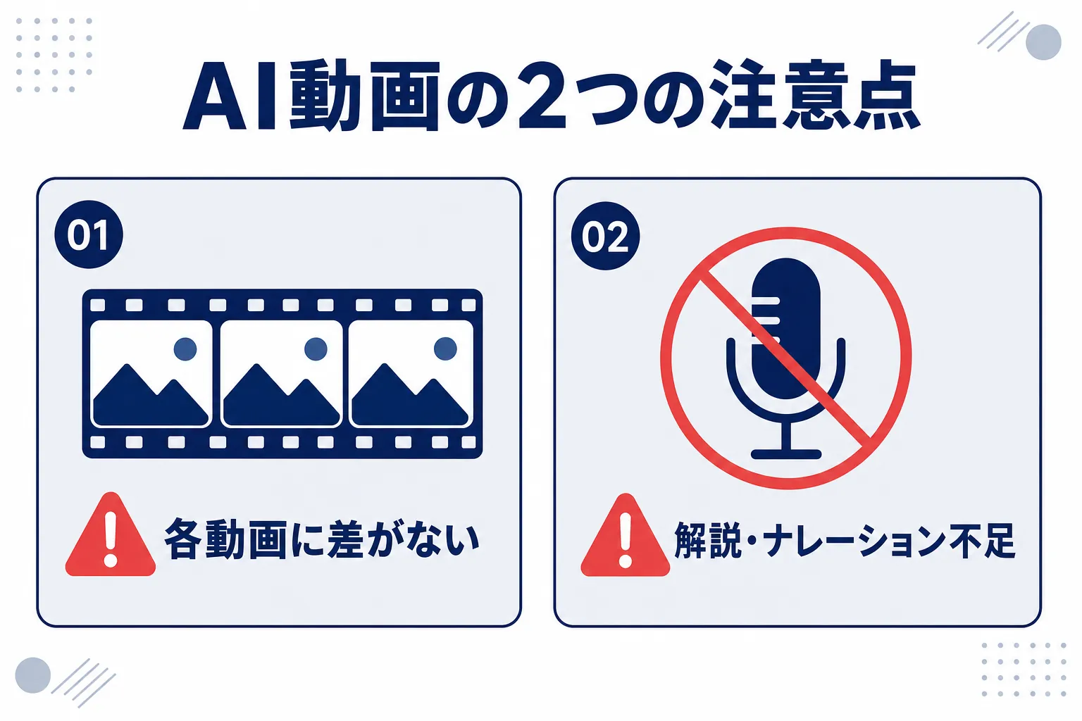 「動画ごとの違いがない」「解説やナレーションが足りない」の2つの注意ポイントを示した図
