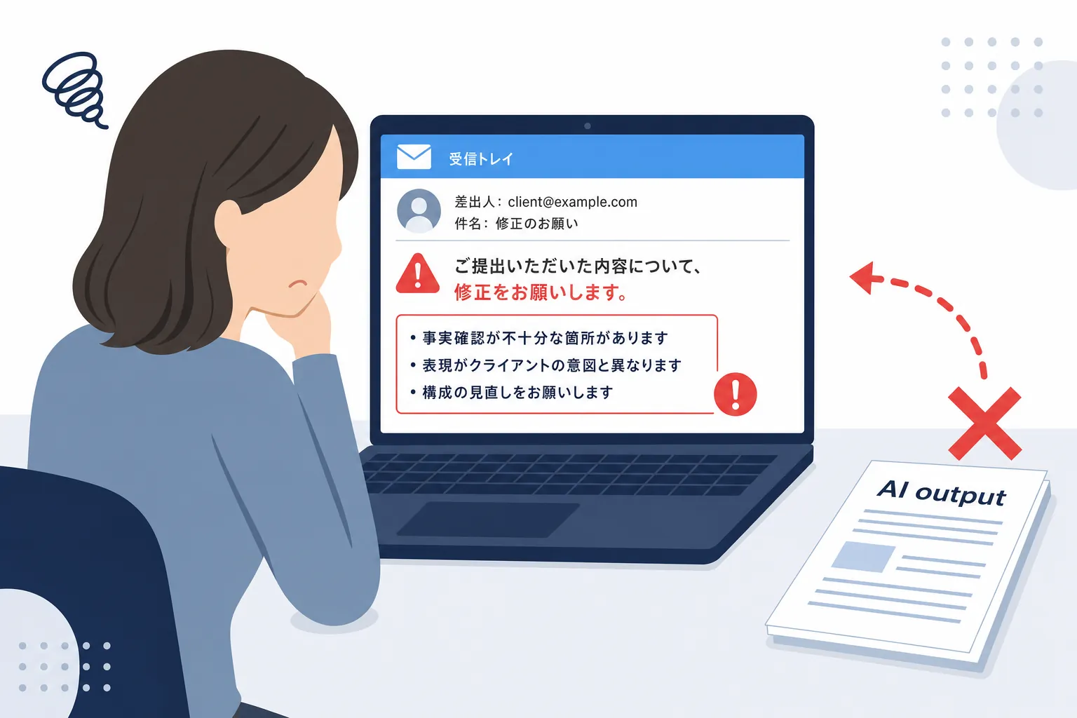 AIの出力をそのまま納品し、クライアントから修正依頼が届いて困っている様子