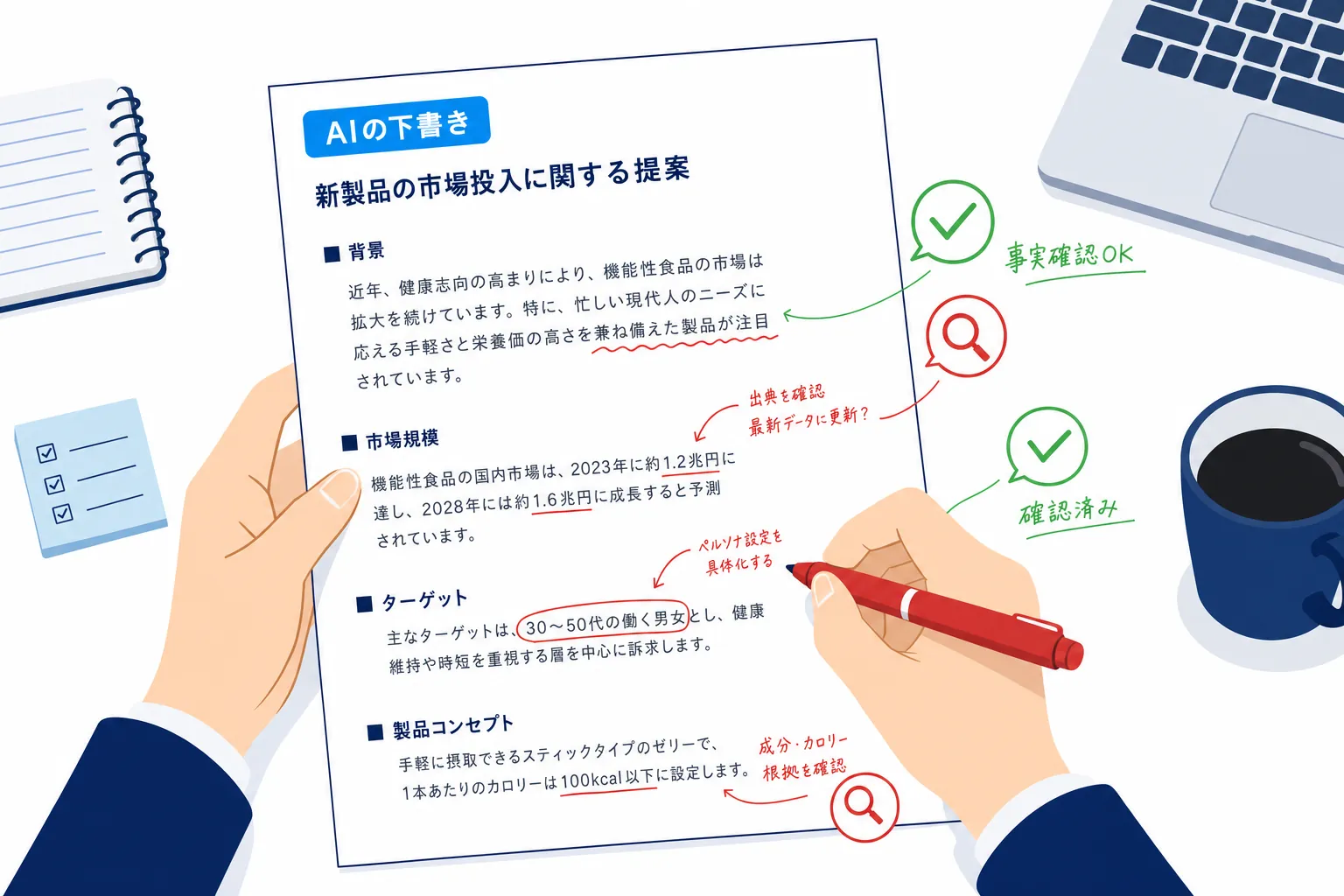 AIの下書きに赤ペンで事実確認のメモを入れている手元