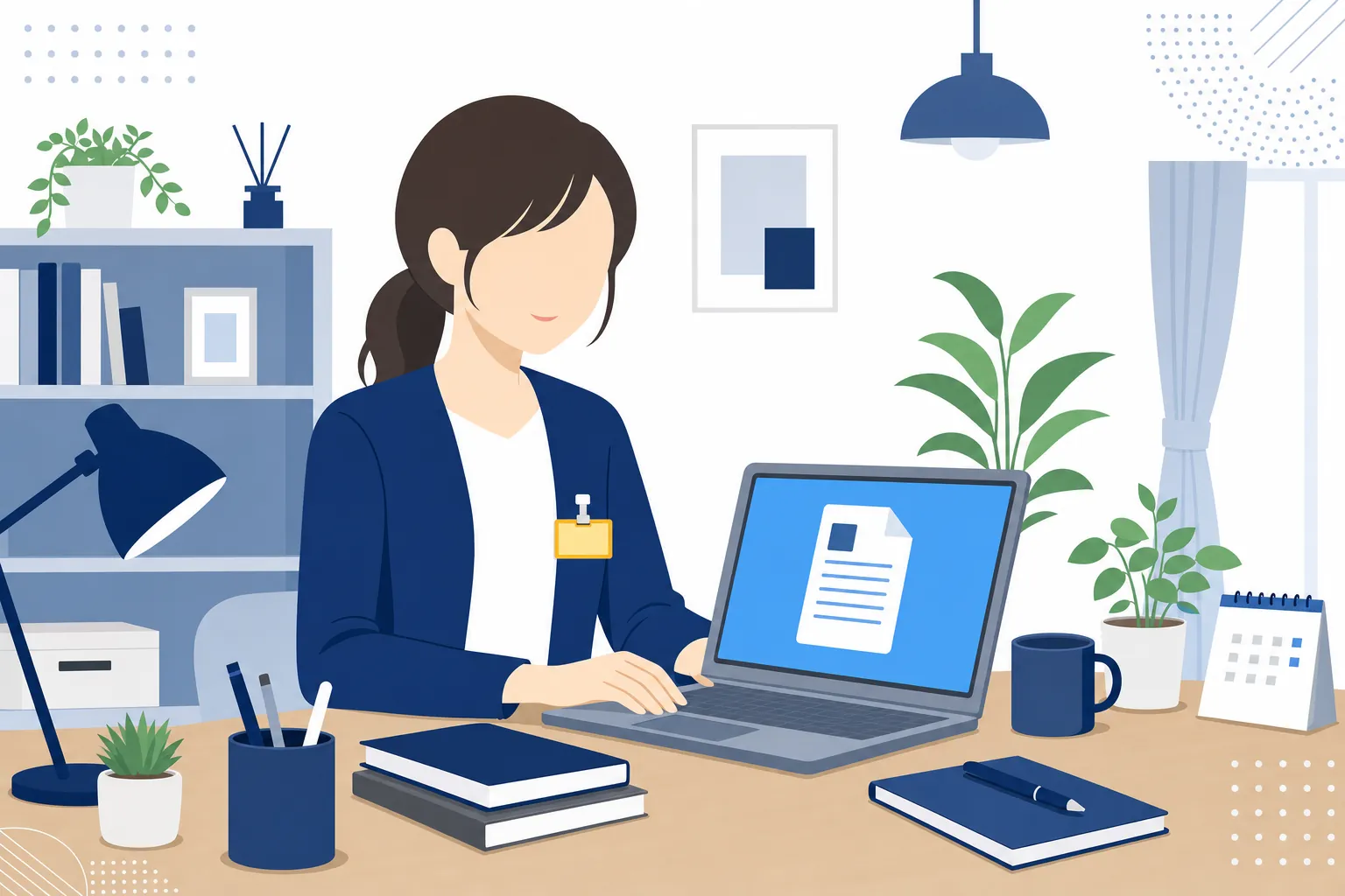 会社員の名札をつけたまま、自宅で副業の作業をする女性のイラスト
