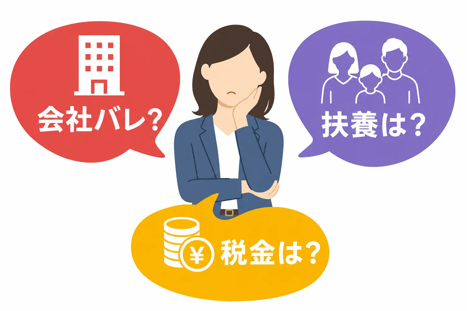「会社バレ」「扶養」「税金」の3つの吹き出しに囲まれて困り顔の女性