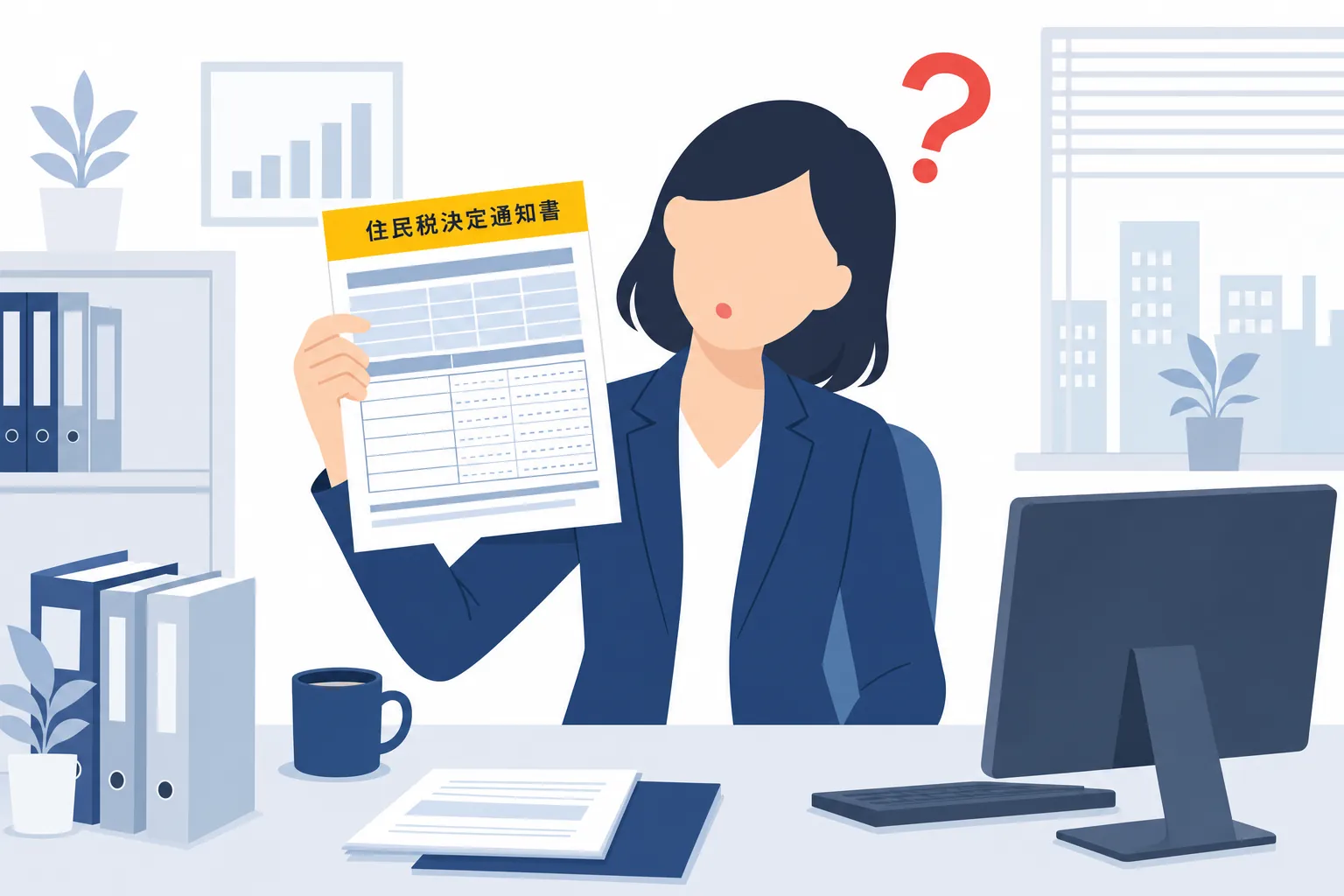 会社の給与担当者が住民税の通知書を見て首をかしげるイラスト