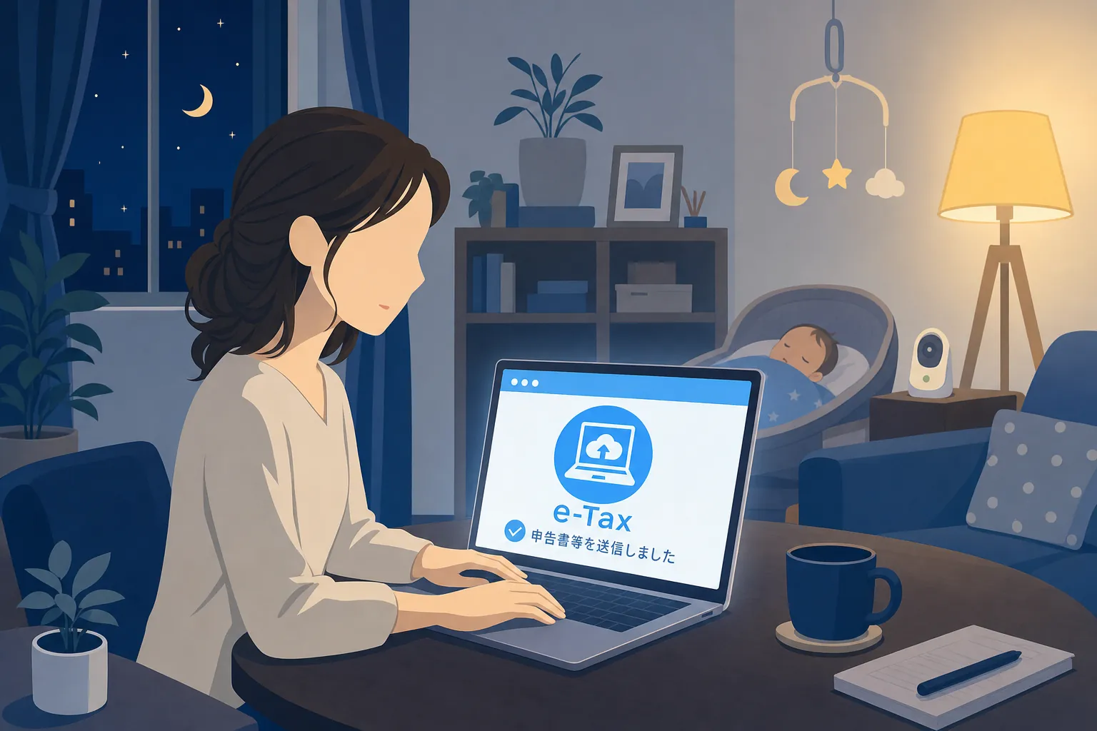 子どもが寝たあと、リビングのテーブルでパソコンからオンライン提出する女性