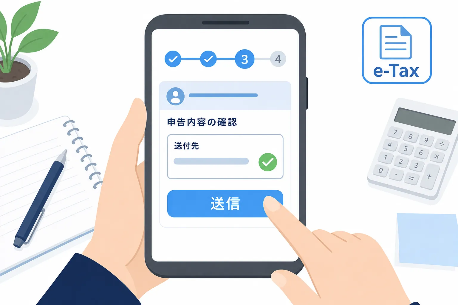 スマホの画面でe-Taxの手続きを進める女性の手元