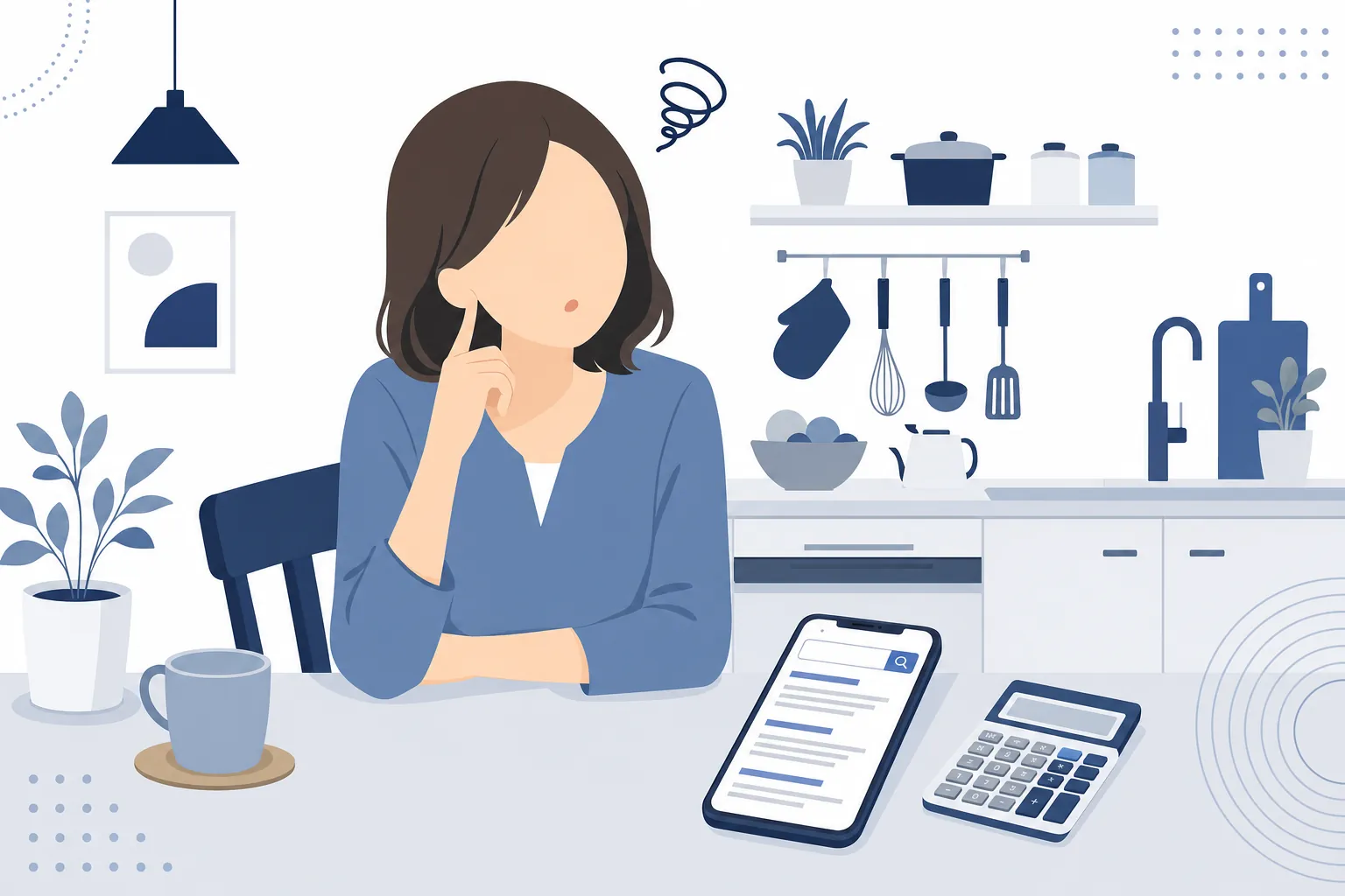 キッチンのテーブルで電卓とスマホを前に、扶養の金額を調べて首をかしげる30代の女性