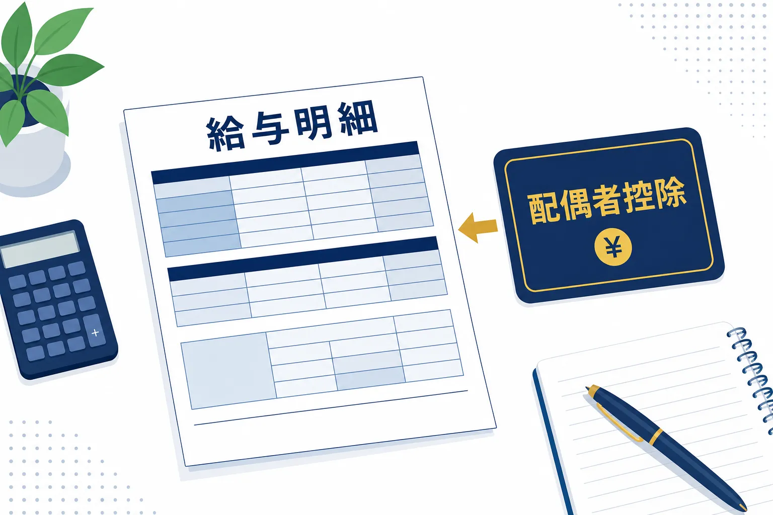 夫の給与明細の横に「配偶者控除」と書かれたカードが置かれているイラスト