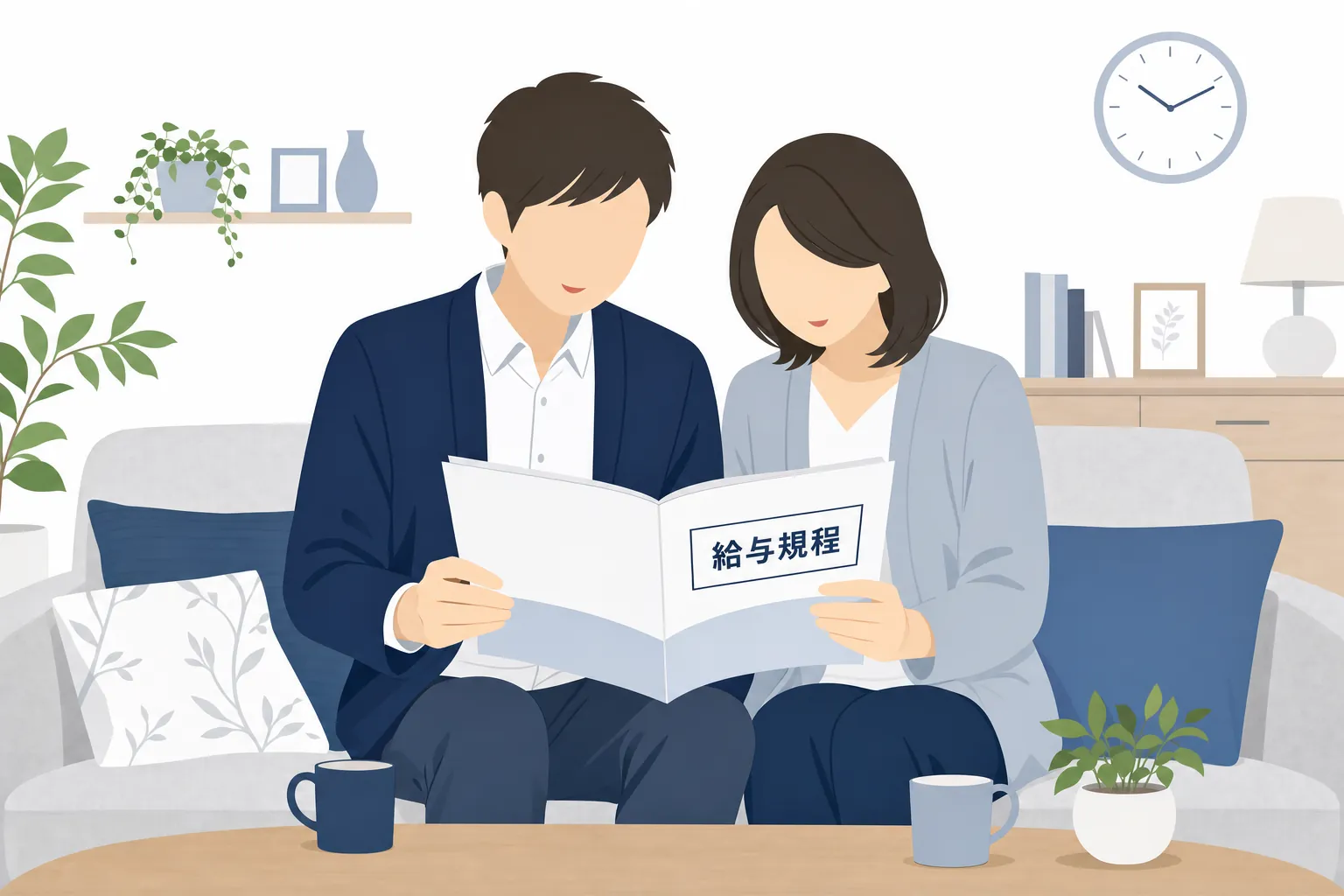 夫婦がリビングで給与規程を一緒にのぞき込んでいる様子