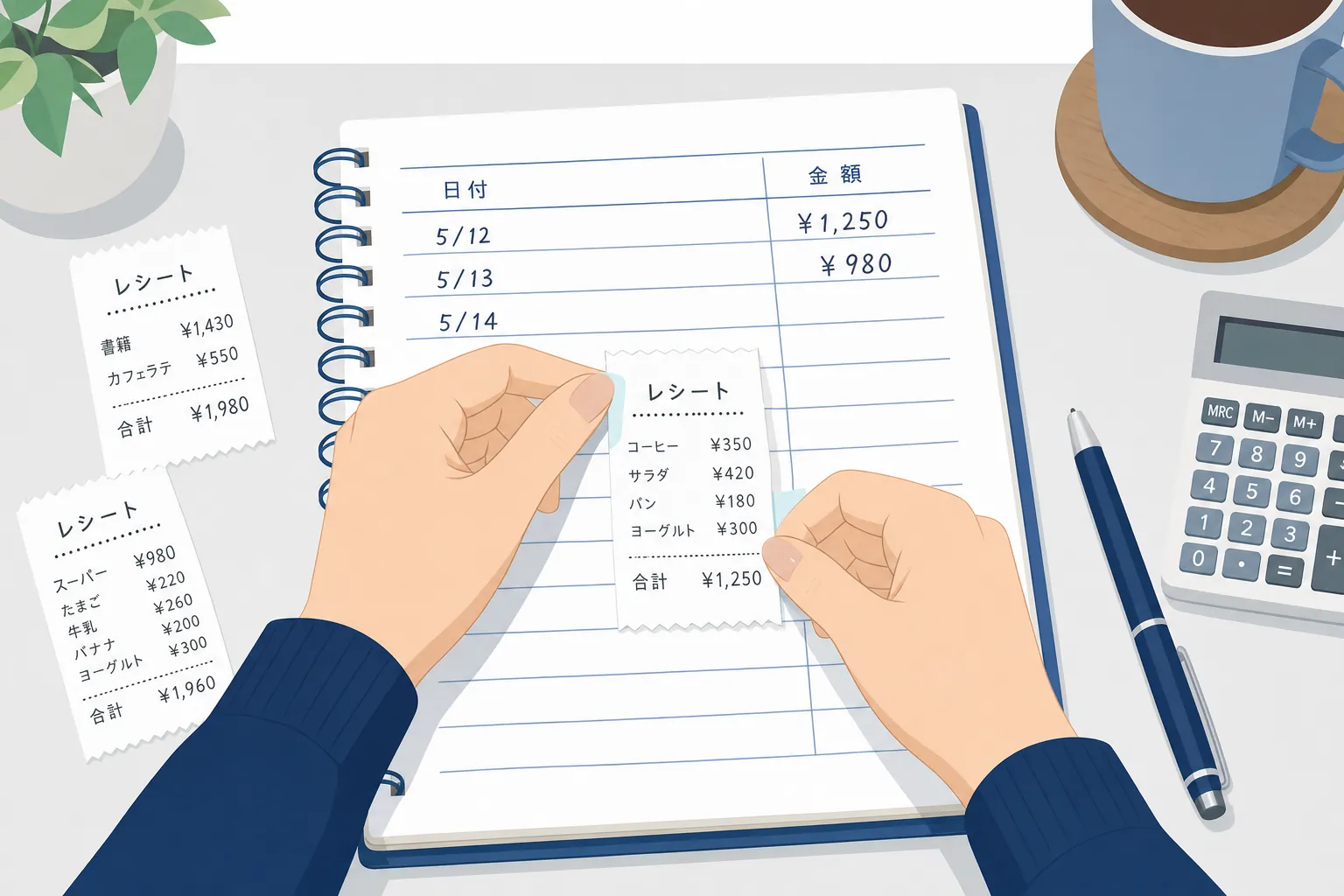 レシートをノートに貼って、日付と金額をメモしている手元