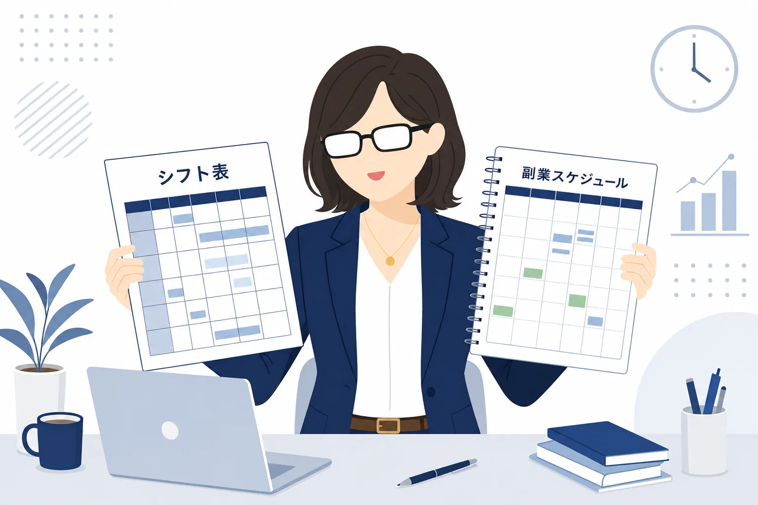 パートのシフト表と副業のスケジュール帳を並べて見比べる女性