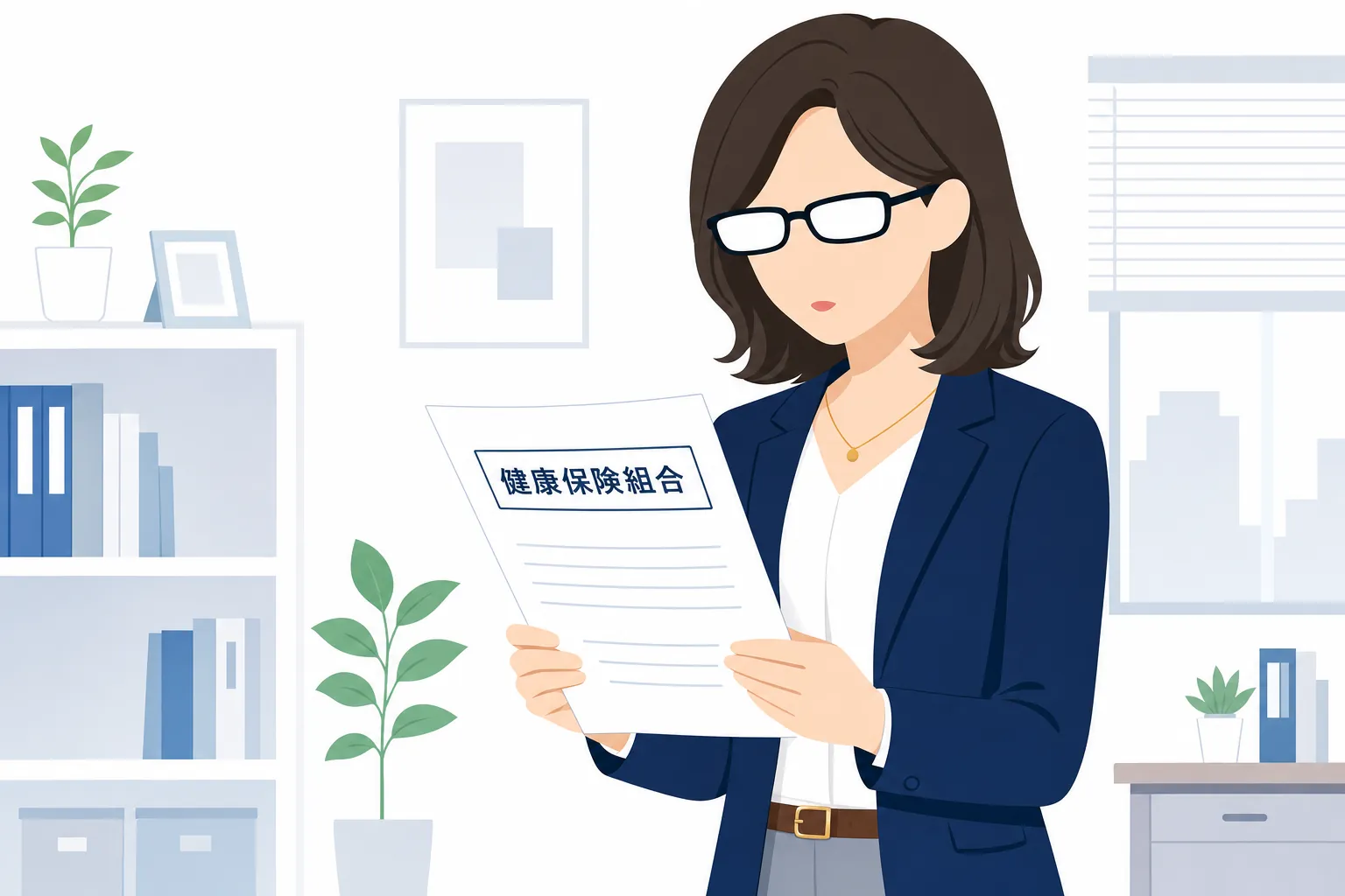 健康保険組合からの書類を手に取り、内容を読んでいる女性