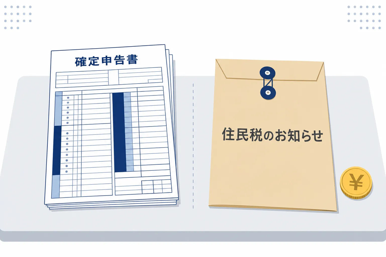 確定申告書と住民税のお知らせの封筒が並んだテーブルのイラスト