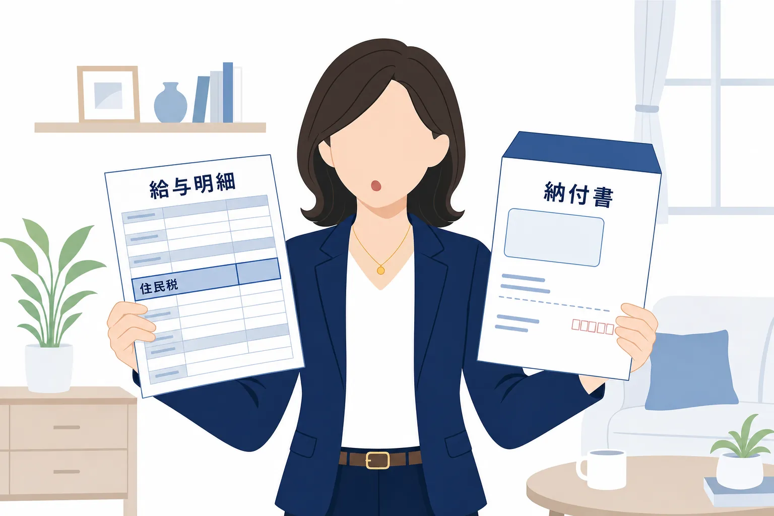 給与明細の住民税の欄と、自宅に届く納付書を見比べている様子