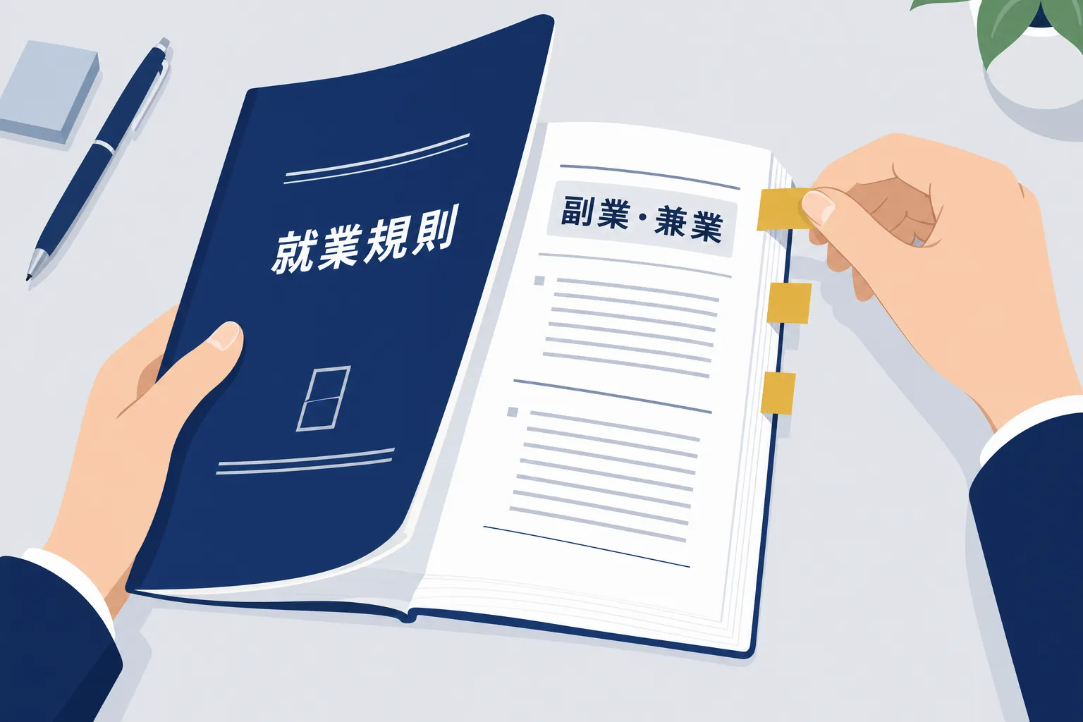 「就業規則」と書かれた冊子をめくり、「副業・兼業」の項目に付箋を貼る手元