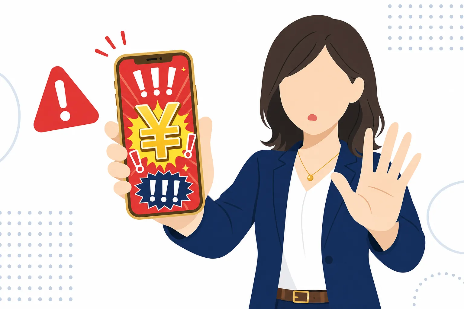 スマホに「扶養内で月〇万円!」という派手な広告が表示され、女性が警戒して手を止めている様子