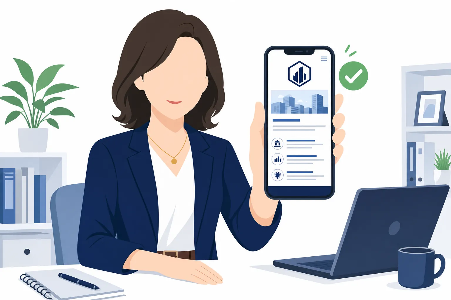 落ち着いた表情で公式サイトの情報を確認している女性のイラスト