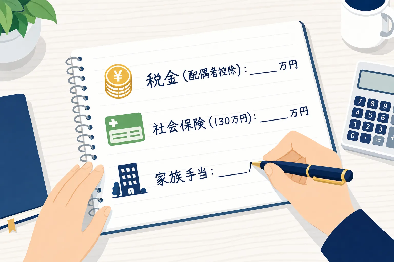 ノートに「税金」「社会保険」「家族手当」と書き、それぞれの横に自分の金額を書き込んでいる手元