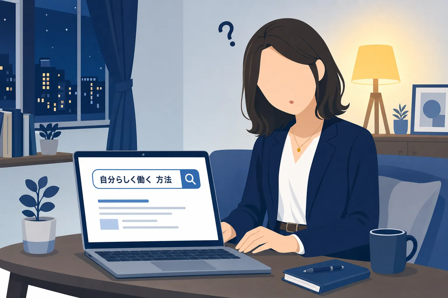 夜のリビングでノートパソコンを開き「webライターとは」と検索しながら首をかしげる女性の手元