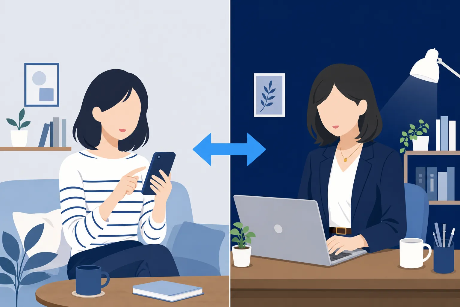 スマホやパソコンの画面に表示された記事を読む人と、その記事を書いている在宅ライターの対比イラスト