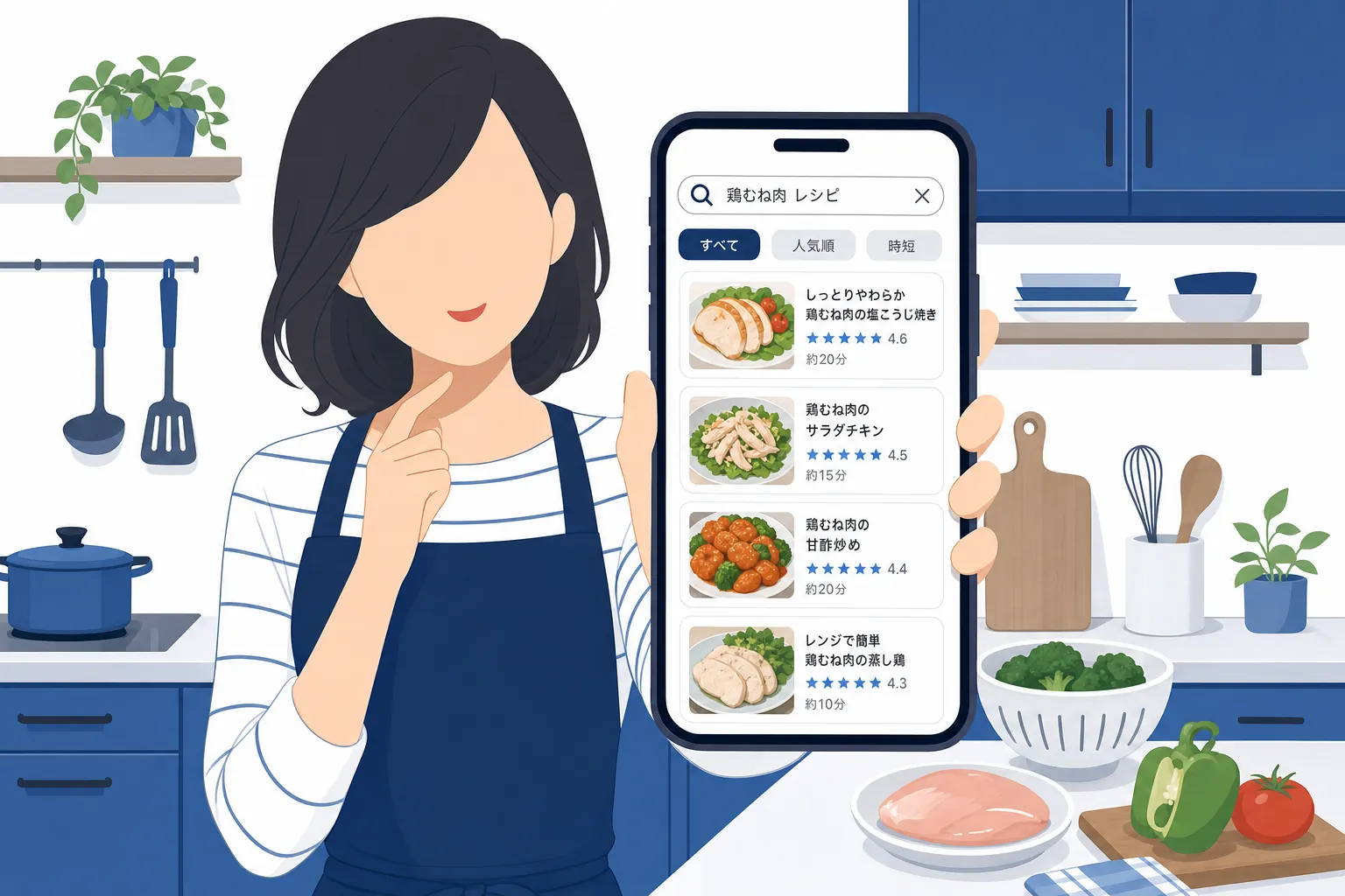 キッチンでスマホを片手に「鶏むね肉 レシピ」と検索する主婦の様子