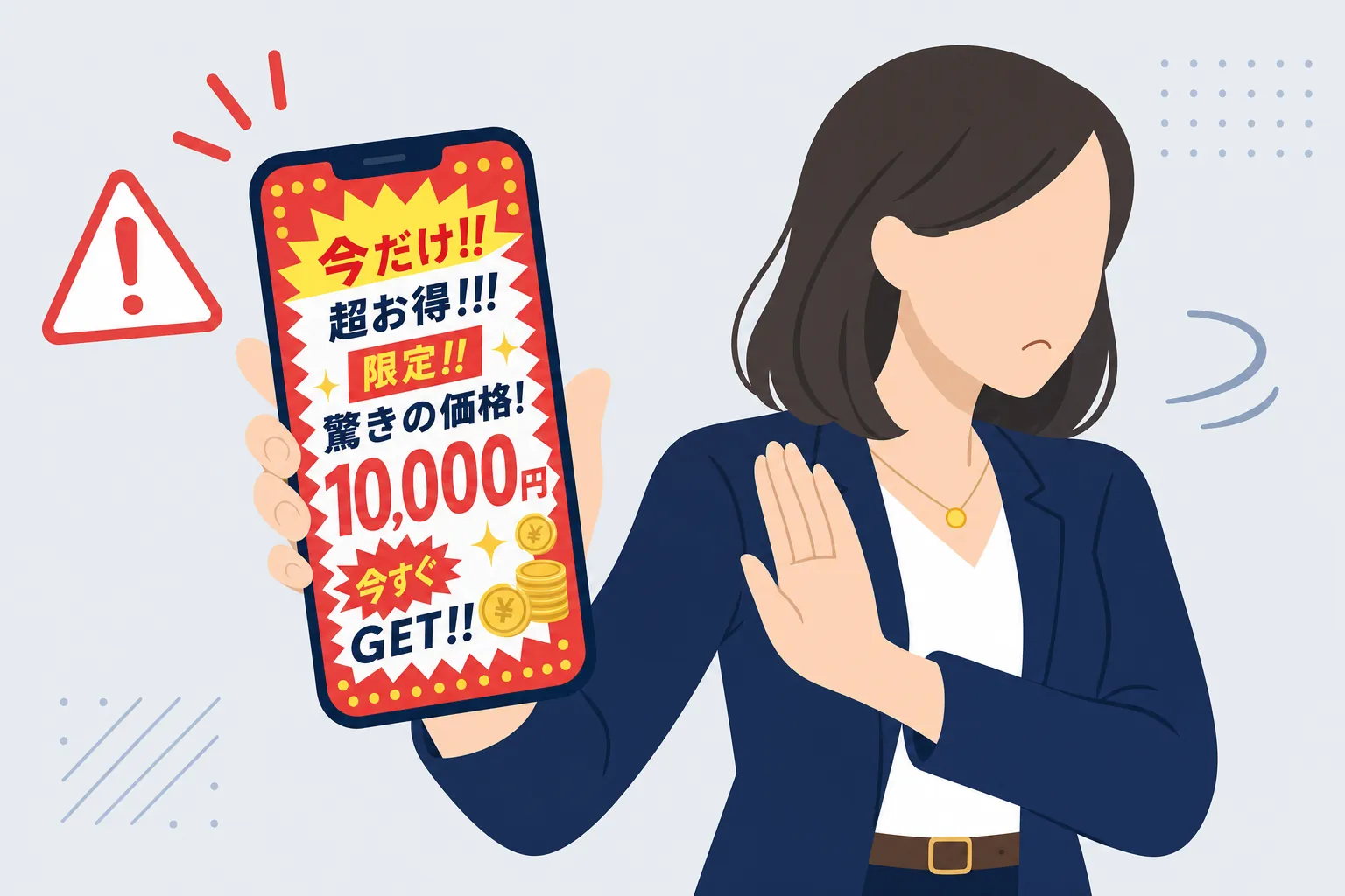 スマホに表示された派手な広告「簡単に月◯万円！」から、そっと目をそらす女性