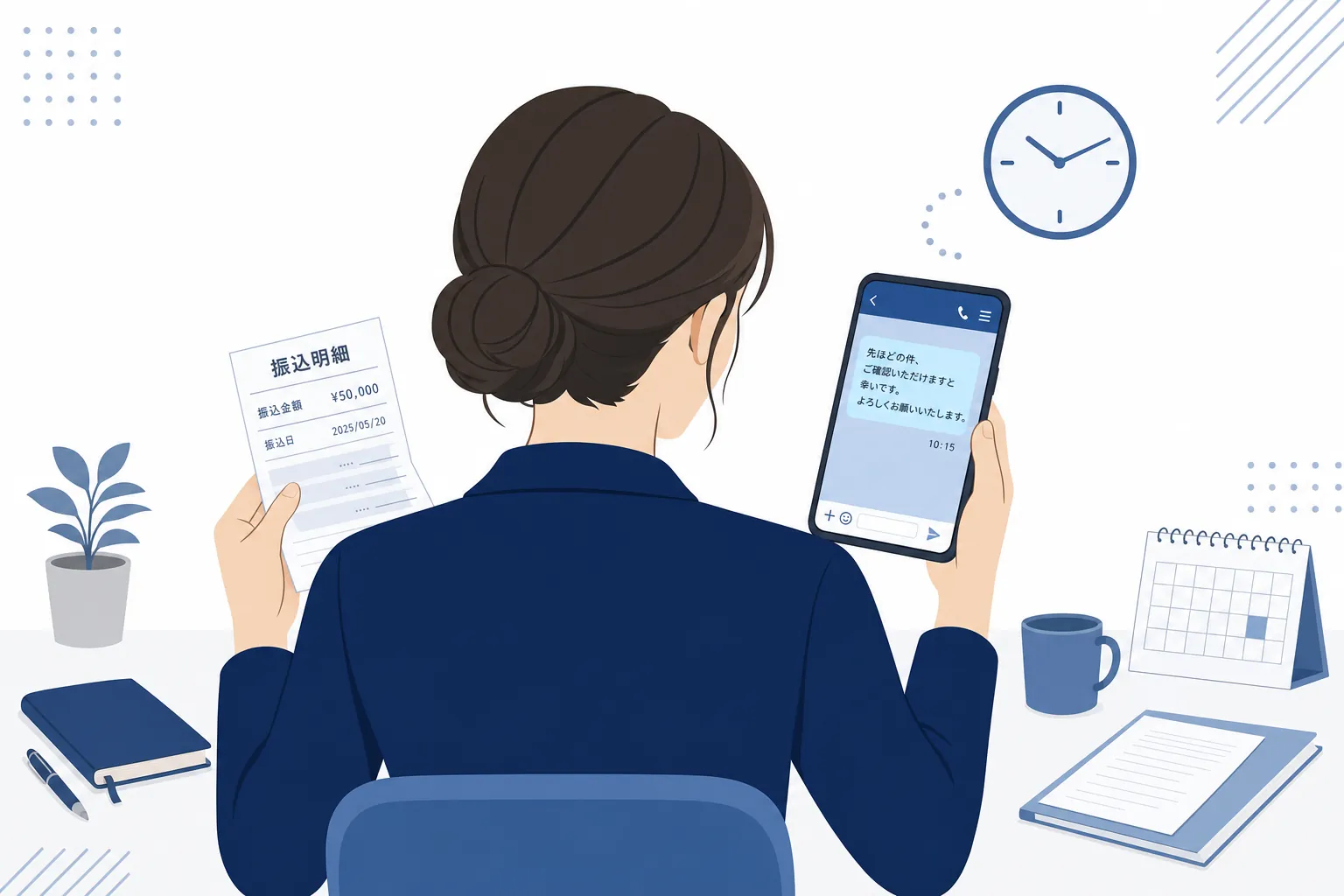 振込明細を手にしたまま、既読にならないメッセージ画面を見つめる女性の後ろ姿