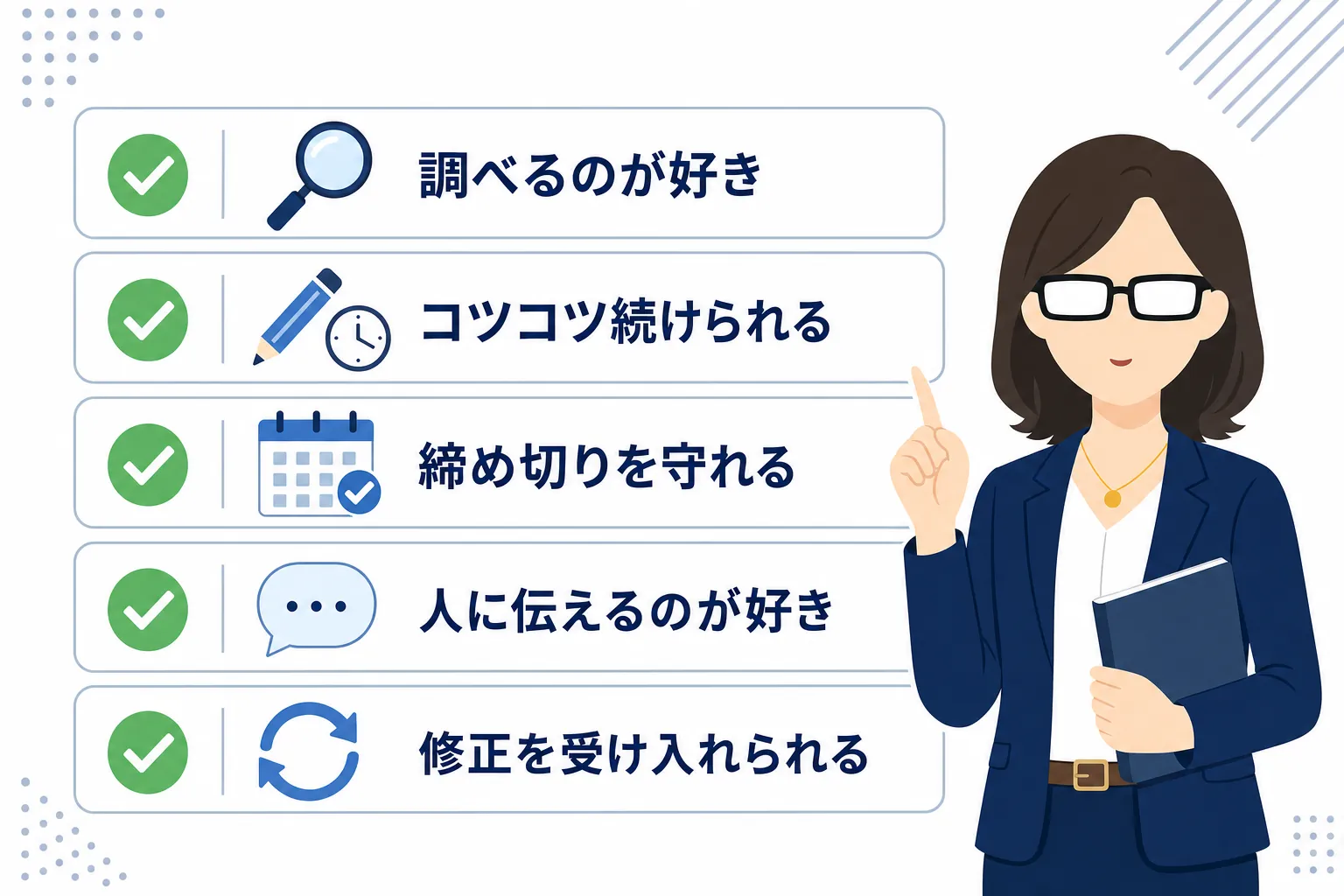 「調べるのが好き」「コツコツ型」「締め切りを守れる」などの特徴を、チェック付きで並べたイラスト