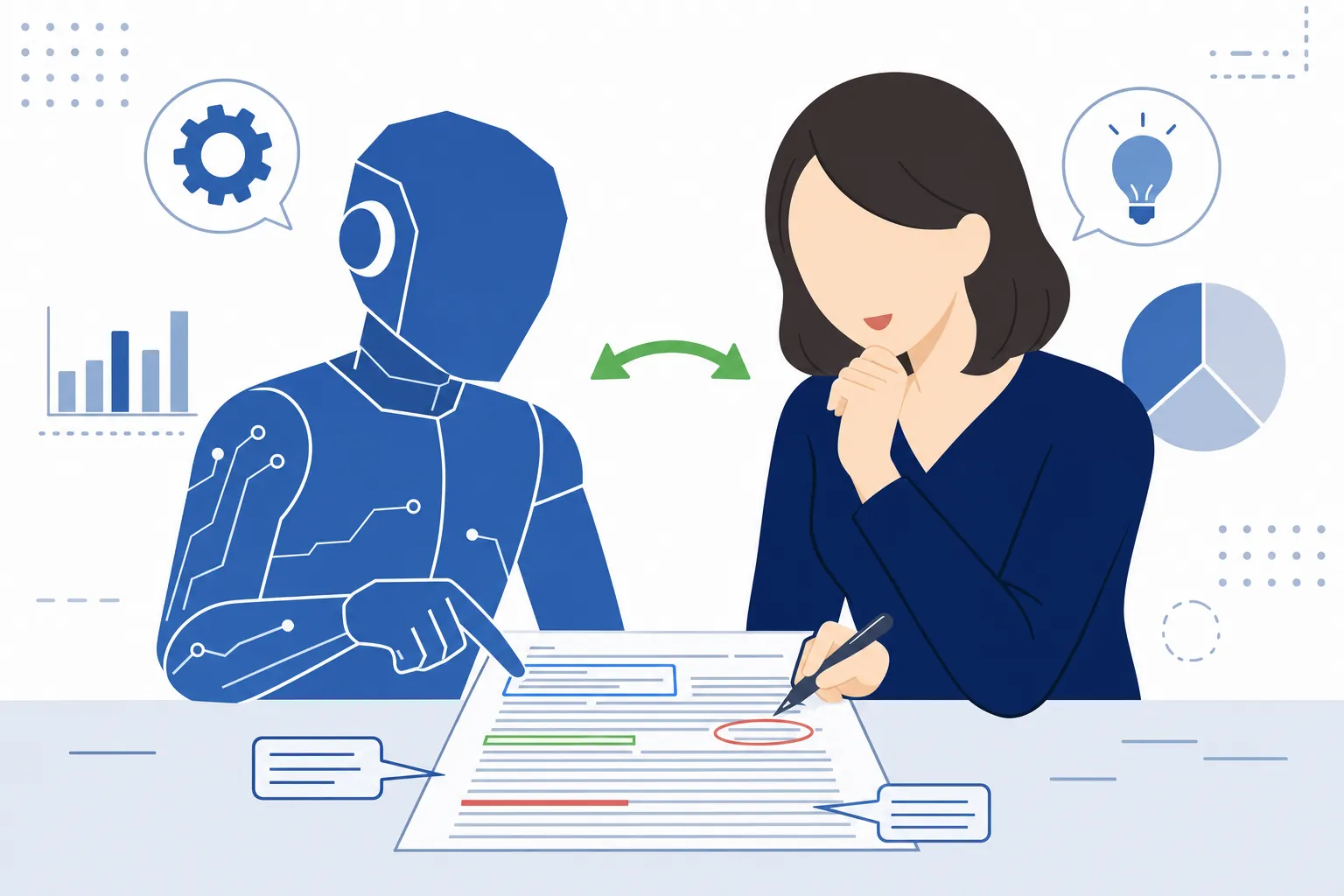 AIのアイコンと人のライターが、同じ原稿を一緒に見ているイラスト