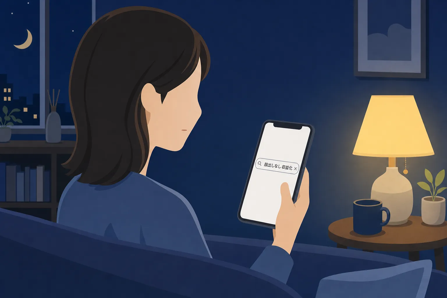 夜のリビングでスマホに「YouTube 顔出しなし 収益化」と打ち込み、迷った表情を浮かべる30代女性の手元と横顔