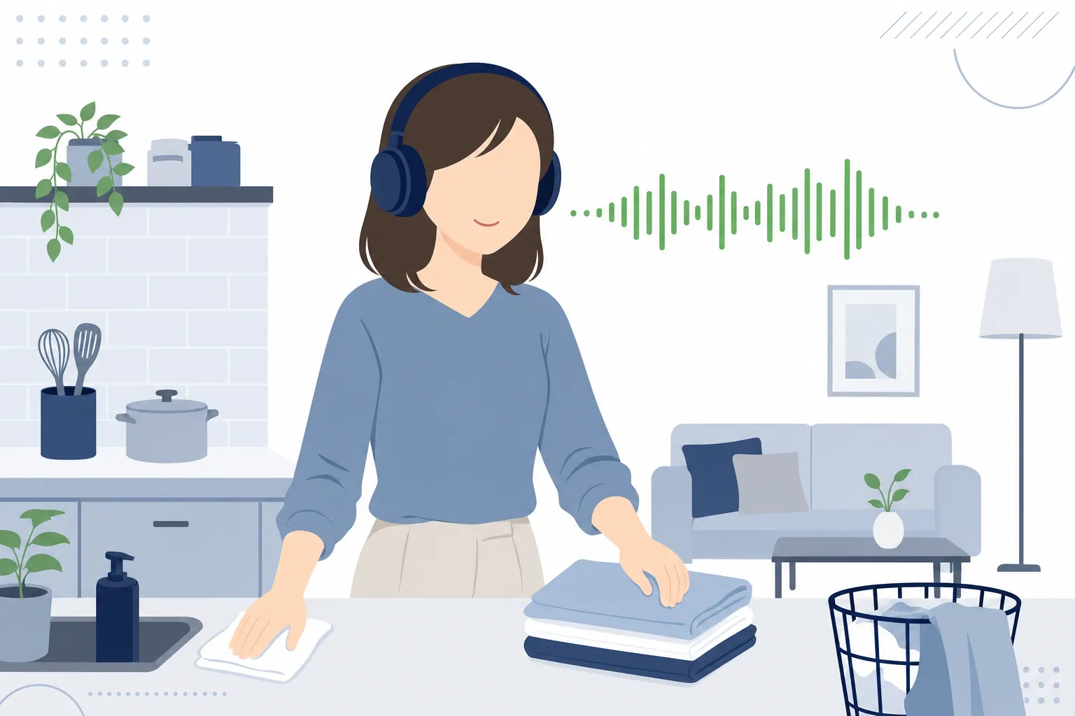 ヘッドホンをつけて家事をしながら動画を聞いている女性と、声の波形アイコン